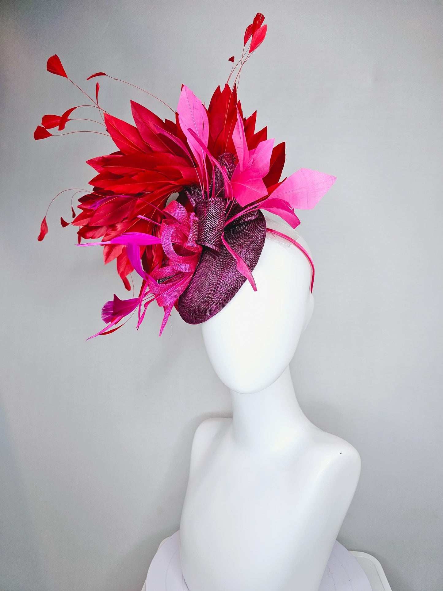 kentucky derby hat fascinator magenta purple sinamay with magenta and fuchsia pink sinamay bows, pink and scarlet red branching feathers