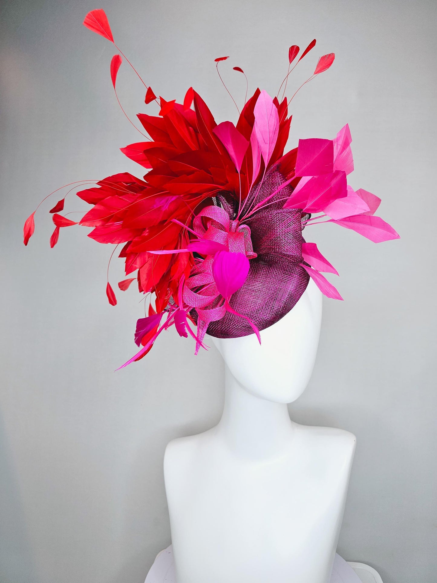 kentucky derby hat fascinator magenta purple sinamay with magenta and fuchsia pink sinamay bows, pink and scarlet red branching feathers