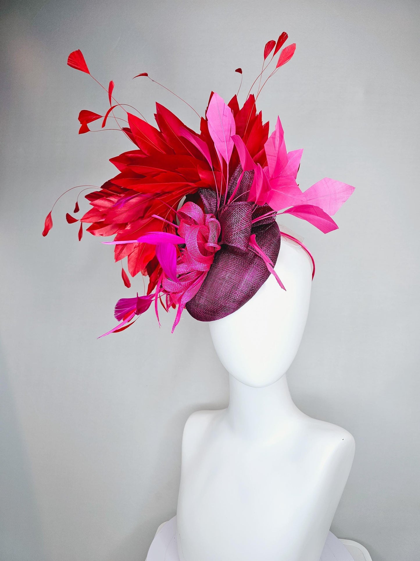 kentucky derby hat fascinator magenta purple sinamay with magenta and fuchsia pink sinamay bows, pink and scarlet red branching feathers