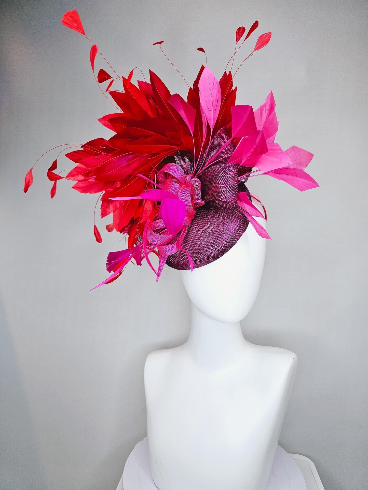 kentucky derby hat fascinator magenta purple sinamay with magenta and fuchsia pink sinamay bows, pink and scarlet red branching feathers