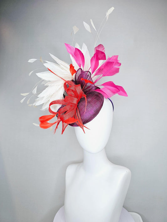 kentucky derby hat fascinator magenta purple sinamay with scarlet red sinamay bow and scarlet red feathers,pink and white branching feathers