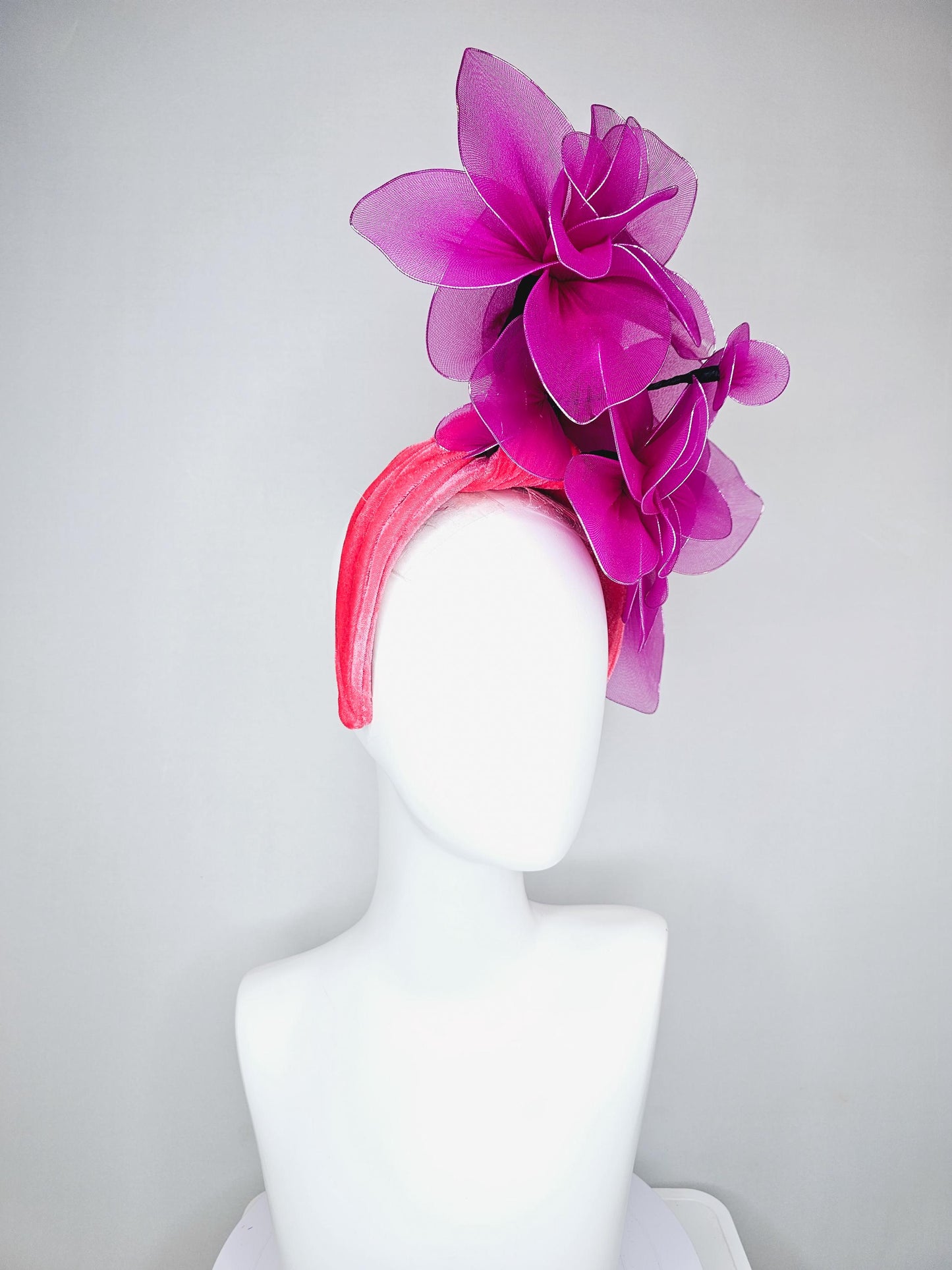 kentucky derby hat fascinator cherry red velvet headband with magenta purple pink wire mesh large flowers