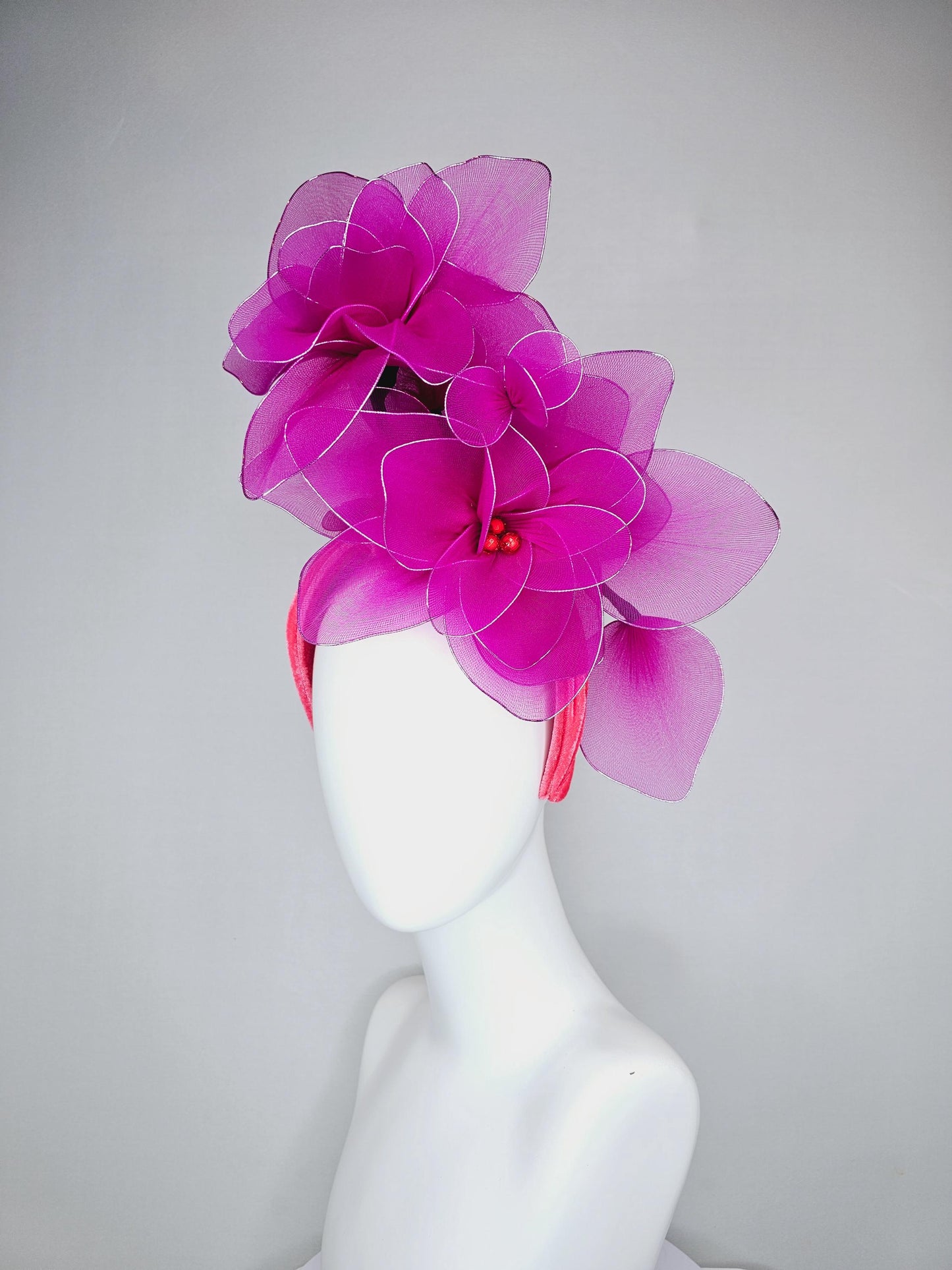 kentucky derby hat fascinator cherry red velvet headband with magenta purple pink wire mesh large flowers