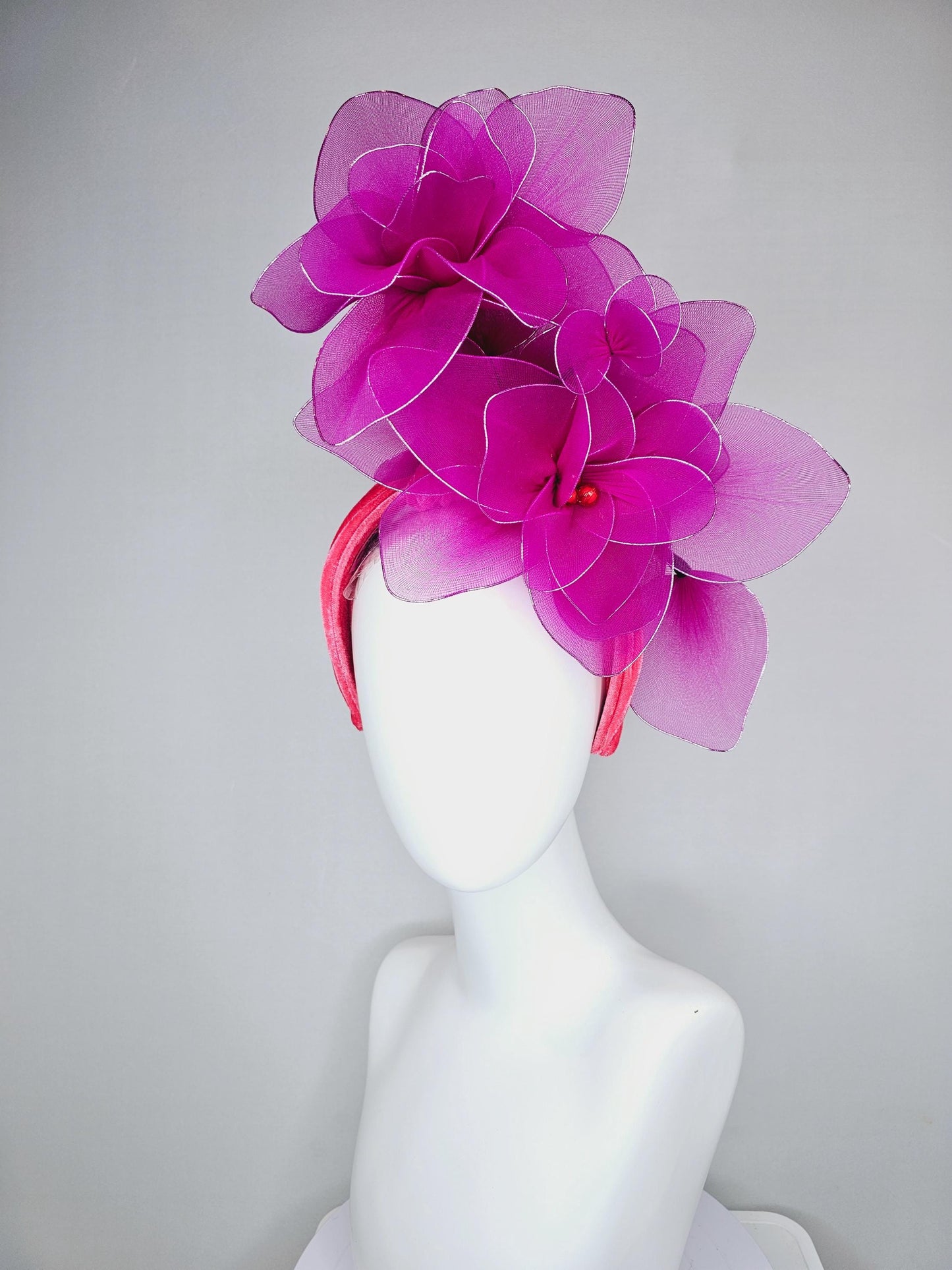 kentucky derby hat fascinator cherry red velvet headband with magenta purple pink wire mesh large flowers