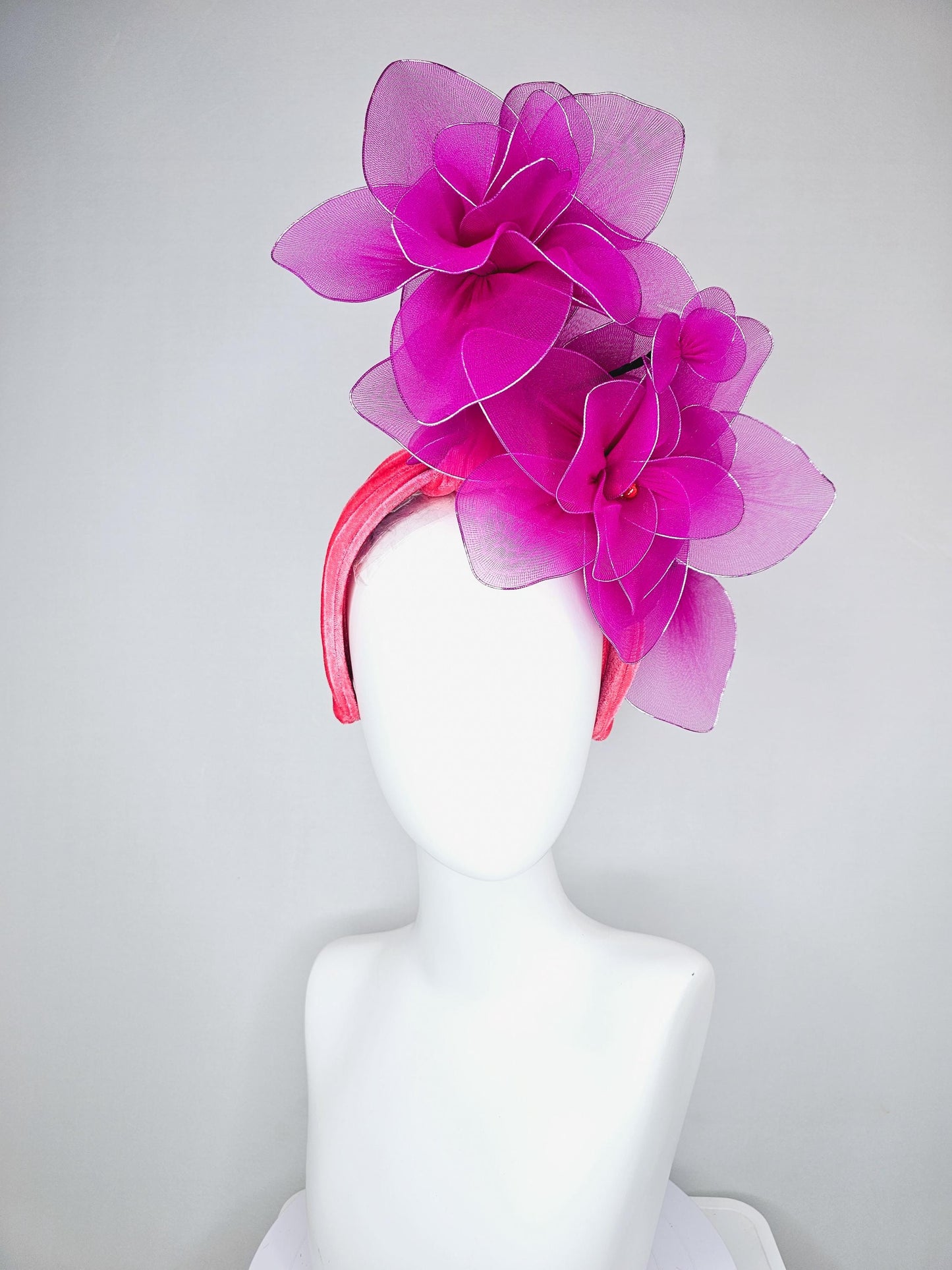 kentucky derby hat fascinator cherry red velvet headband with magenta purple pink wire mesh large flowers