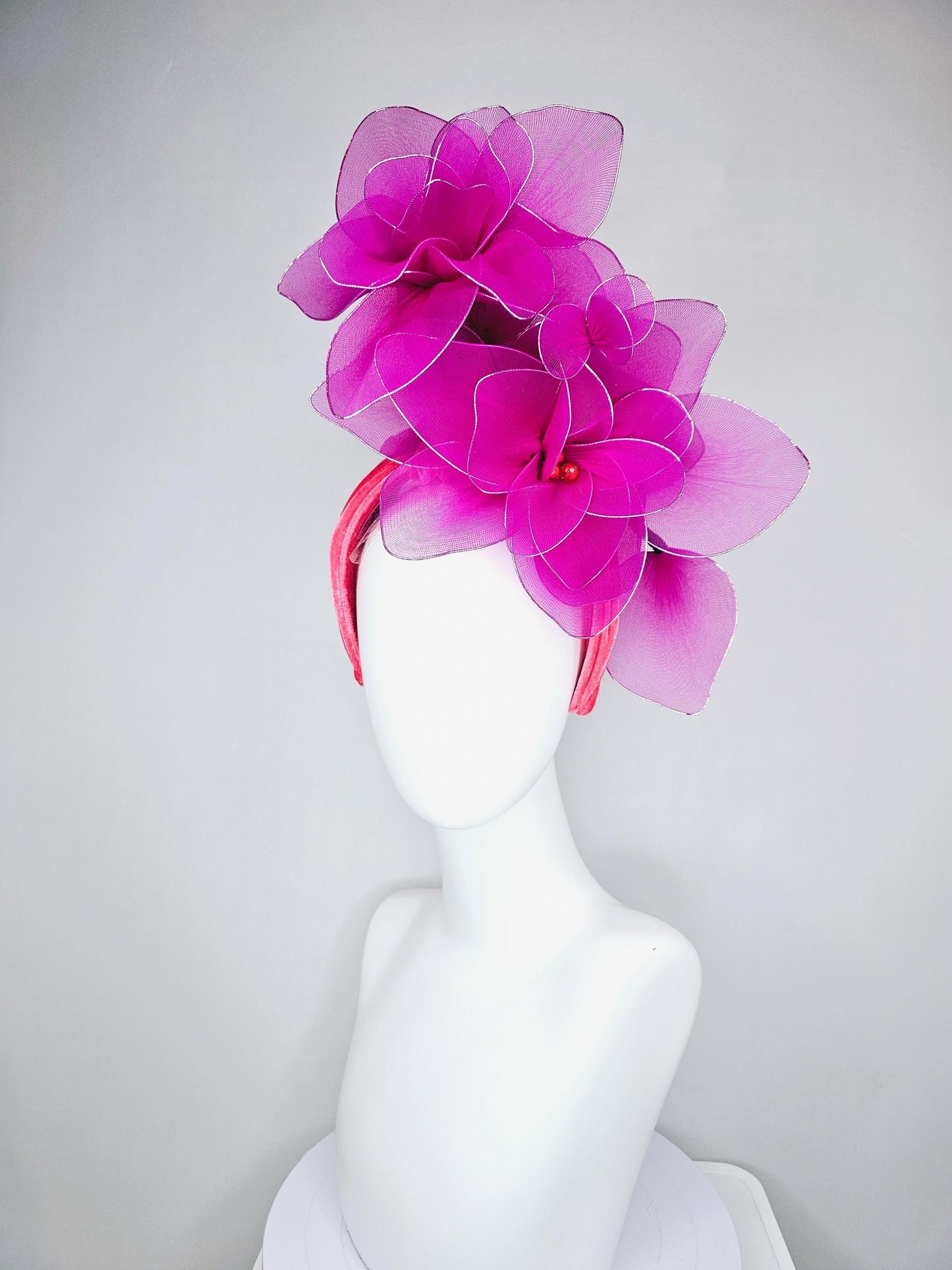 kentucky derby hat fascinator cherry red velvet headband with magenta purple pink wire mesh large flowers