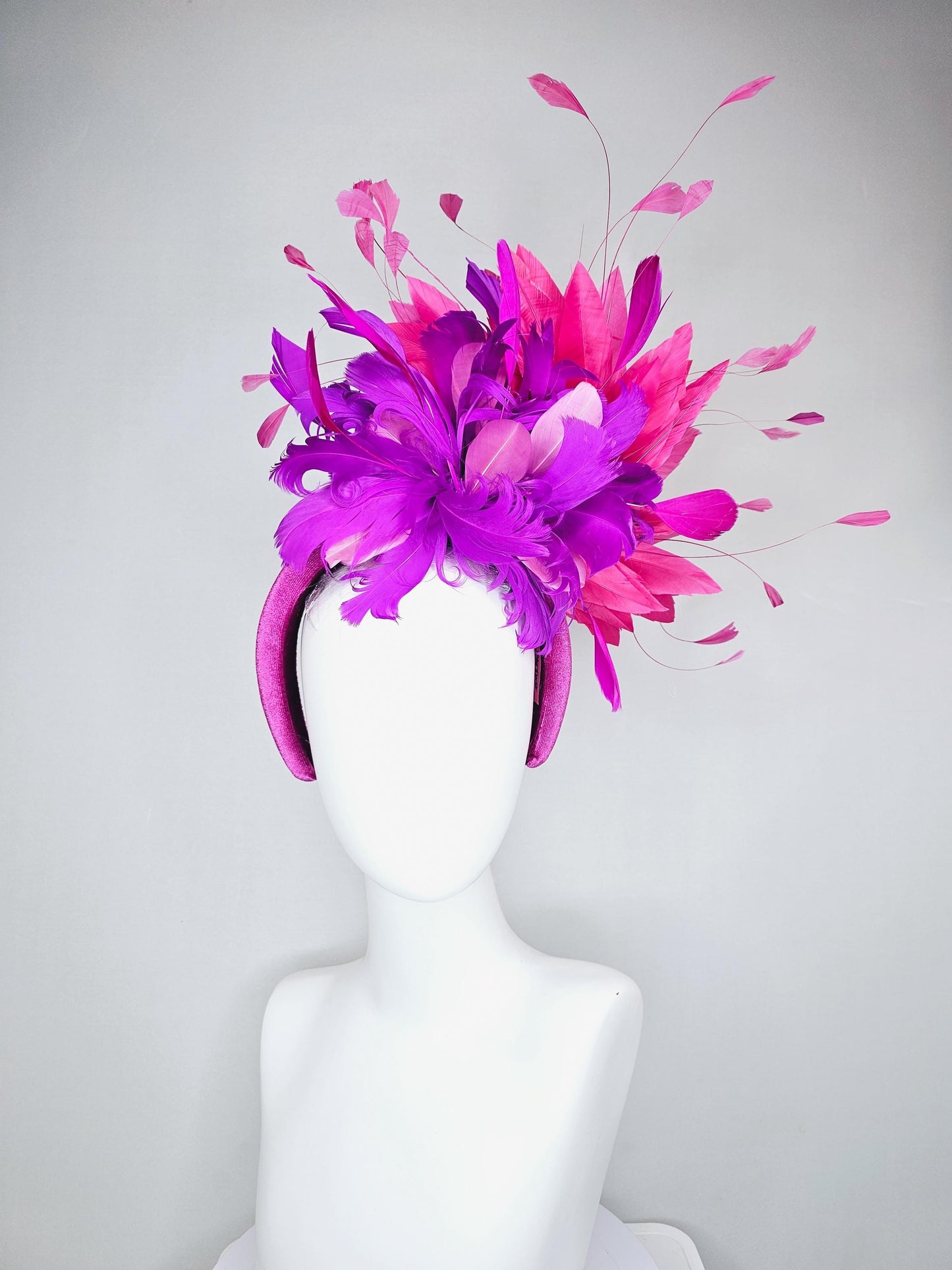 kentucky derby hat fascinator magenta purple pink velvet headband, fluffy lavender purple, hot pink, light pink branching feathers