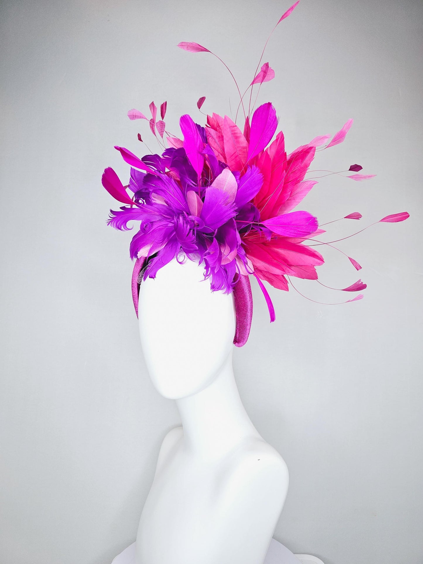 kentucky derby hat fascinator magenta purple pink velvet headband, fluffy lavender purple, hot pink, light pink branching feathers