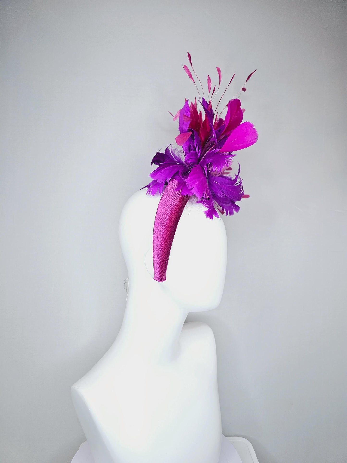 kentucky derby hat fascinator magenta purple pink velvet headband, fluffy lavender purple, hot pink, light pink branching feathers