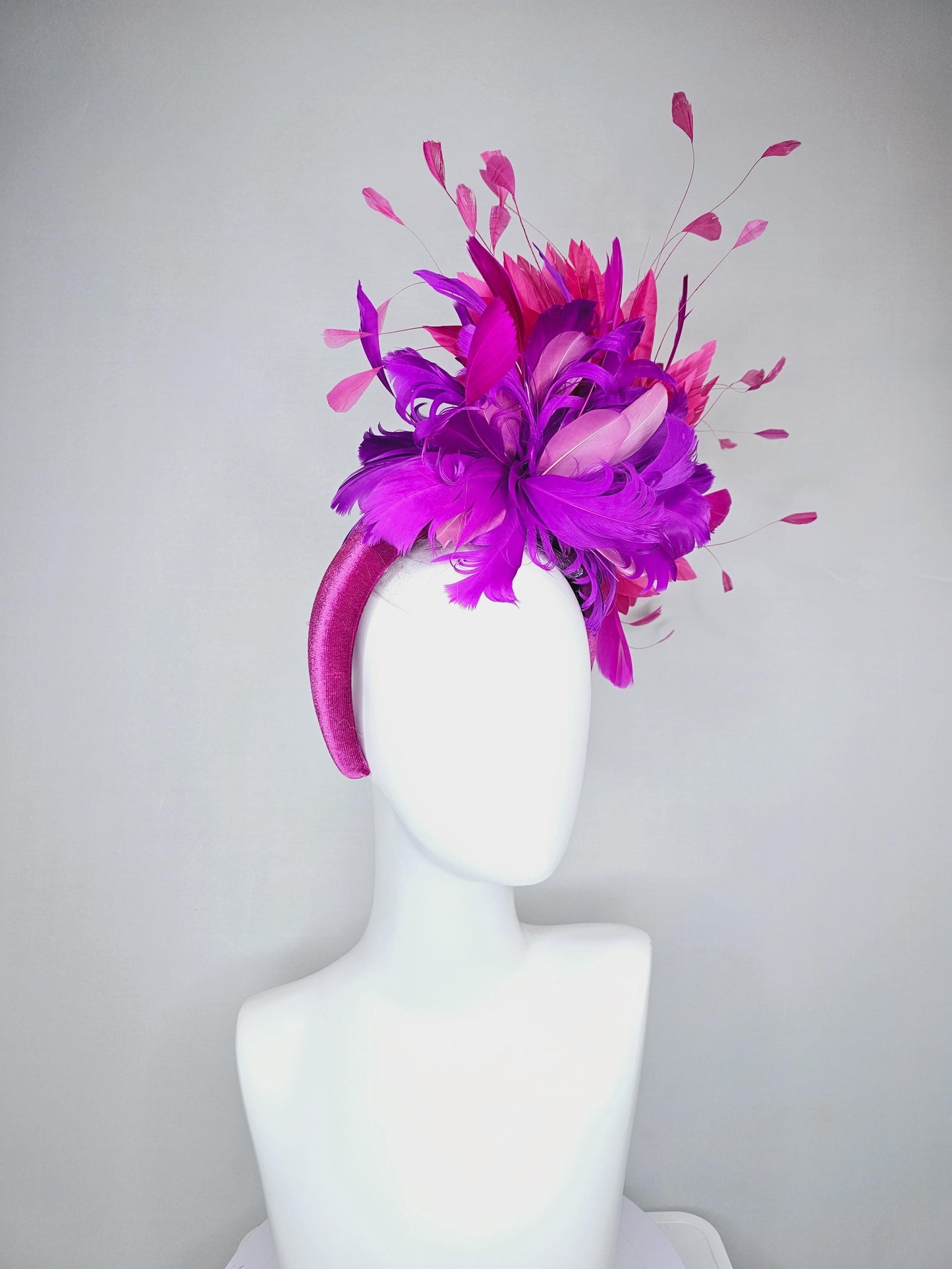 kentucky derby hat fascinator magenta purple pink velvet headband, fluffy lavender purple, hot pink, light pink branching feathers