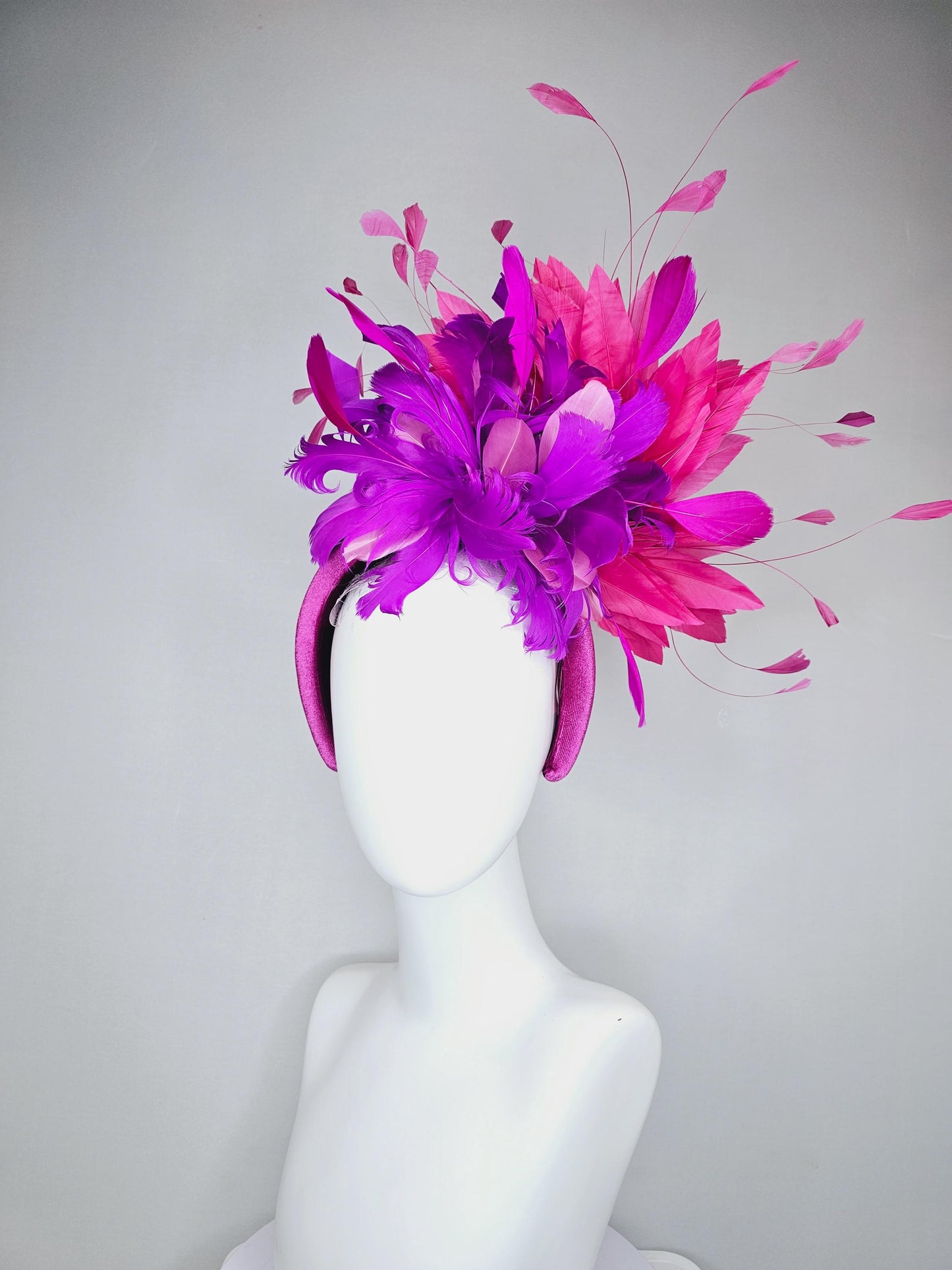 kentucky derby hat fascinator magenta purple pink velvet headband, fluffy lavender purple, hot pink, light pink branching feathers