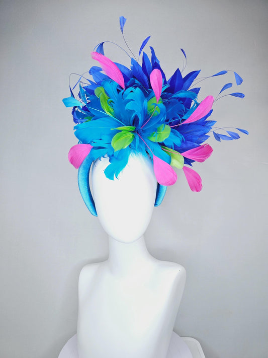 kentucky derby hat fascinator sky blue velvet headband, fluffy lime green, blush pink, cobalt blue, sky blue branching feathers