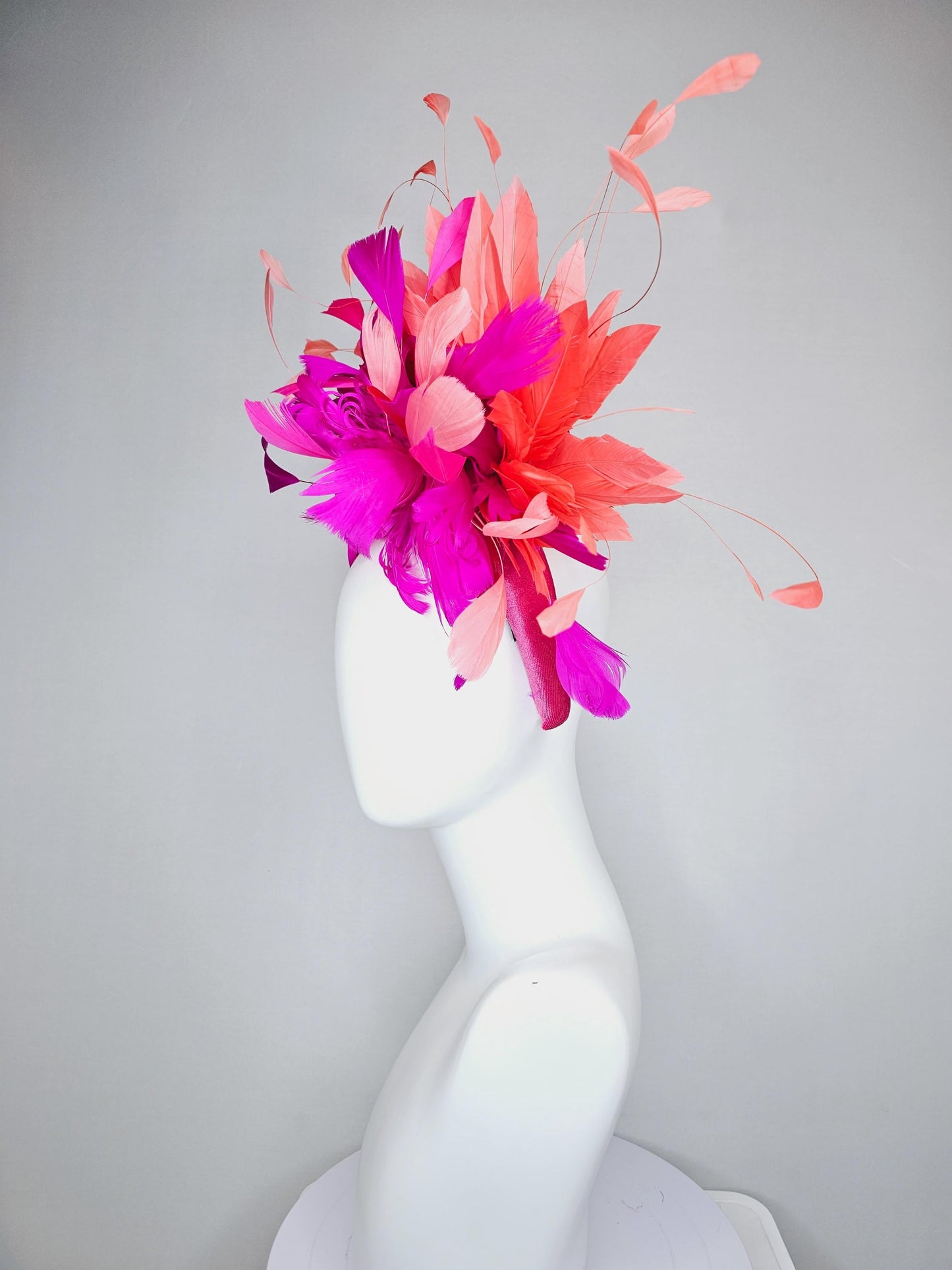 kentucky derby hat fascinator pink velvet headband, fluffy red, bright pink fuchsia, coral orange peach branching feathers