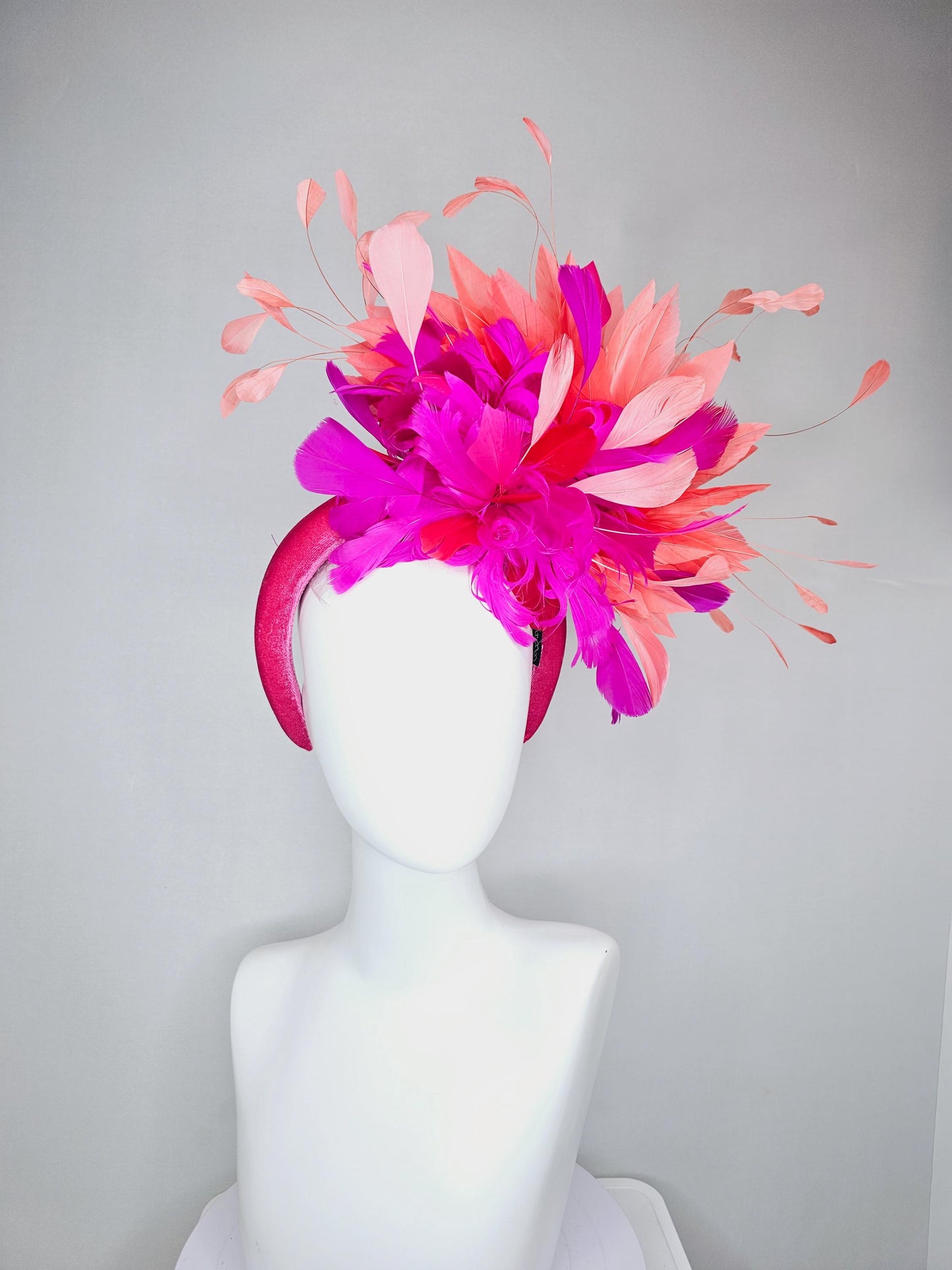 kentucky derby hat fascinator pink velvet headband, fluffy red, bright pink fuchsia, coral orange peach branching feathers