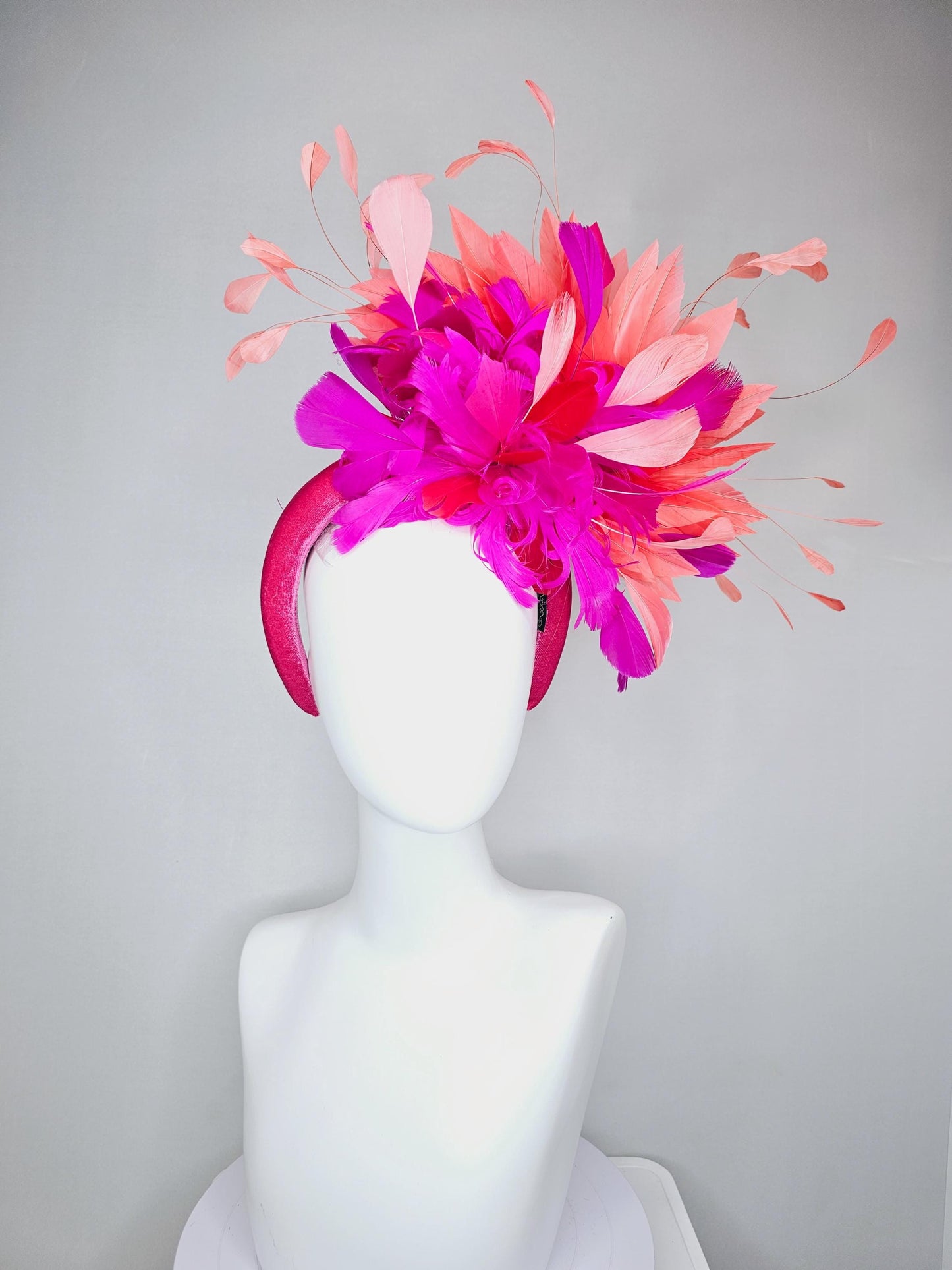 kentucky derby hat fascinator pink velvet headband, fluffy red, bright pink fuchsia, coral orange peach branching feathers