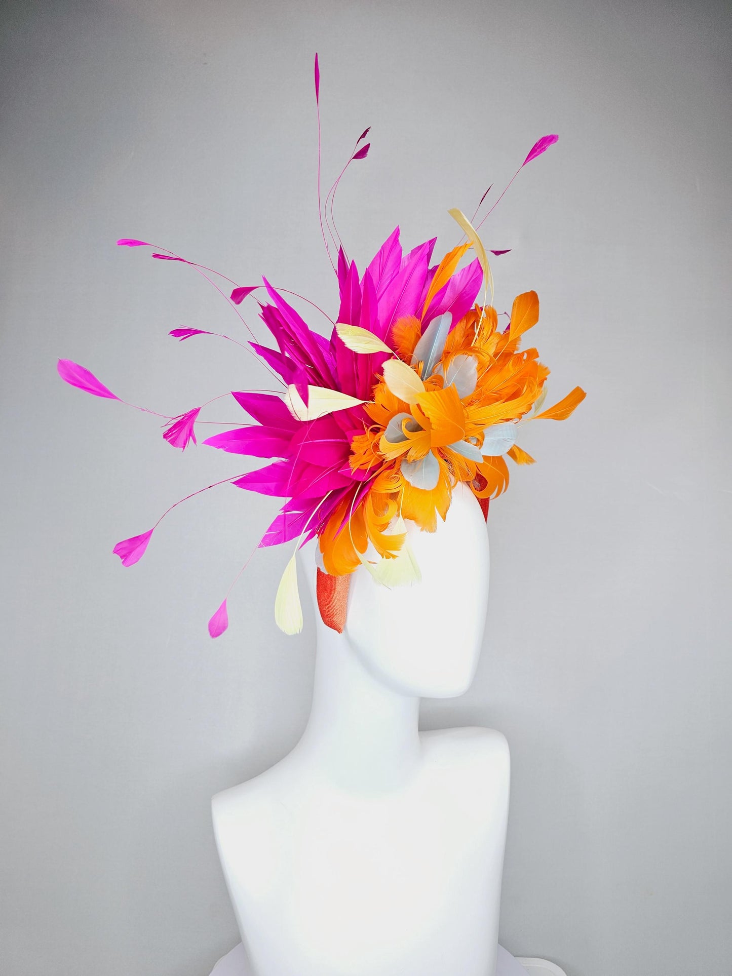 kentucky derby hat fascinator orange velvet headband, fluffy tangerine orange, light yellow, silver gray, fuchsia pink branching feathers