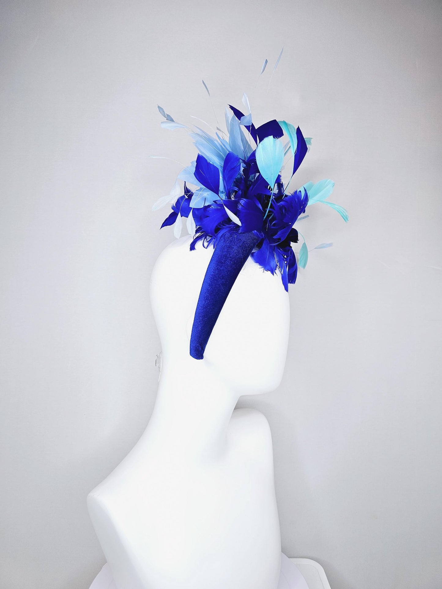 kentucky derby hat fascinator royal blue velvet headband, fluffy royal blue, navy blue, turquoise blue, light blue branching feathers