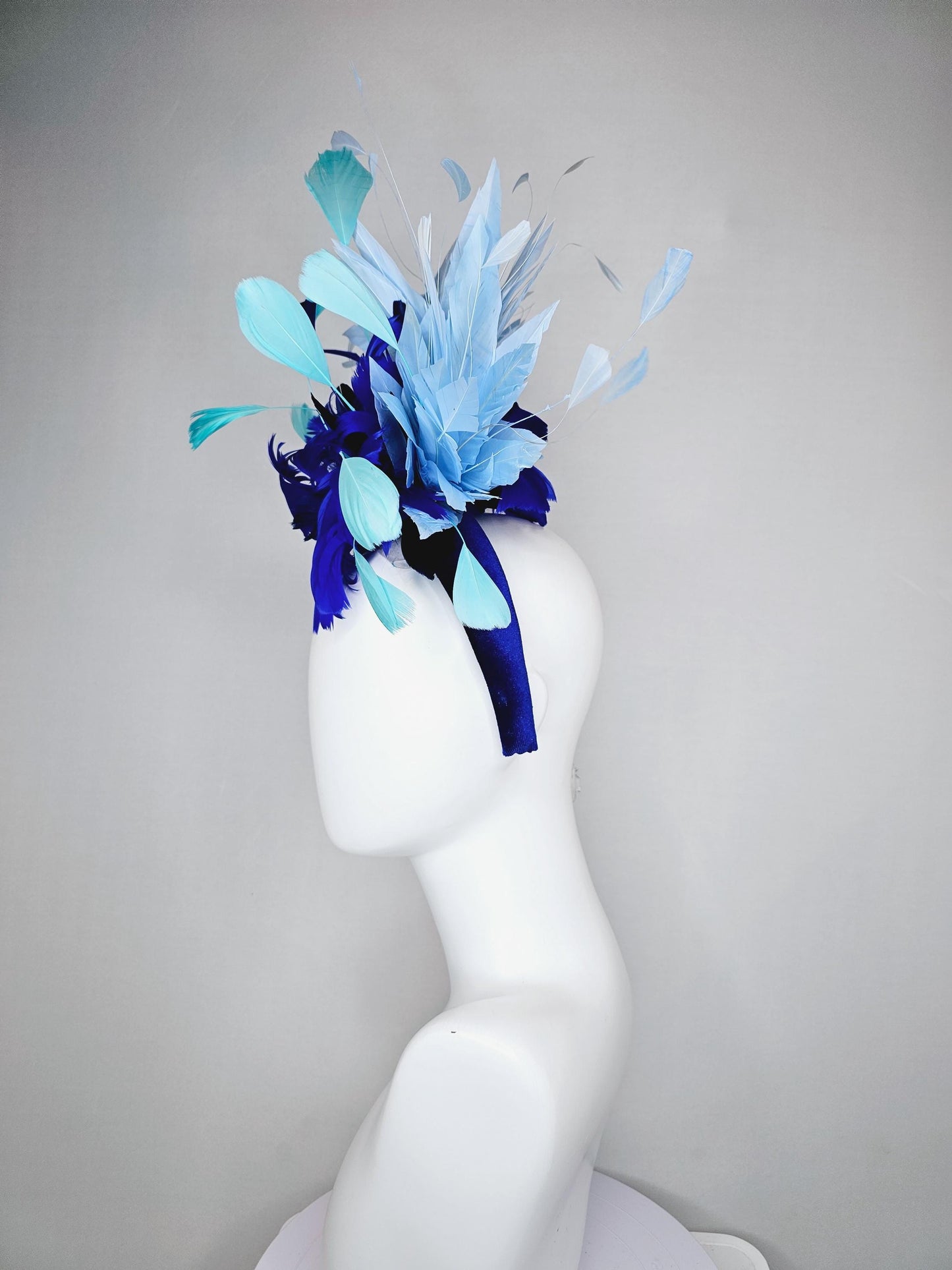 kentucky derby hat fascinator royal blue velvet headband, fluffy royal blue, navy blue, turquoise blue, light blue branching feathers