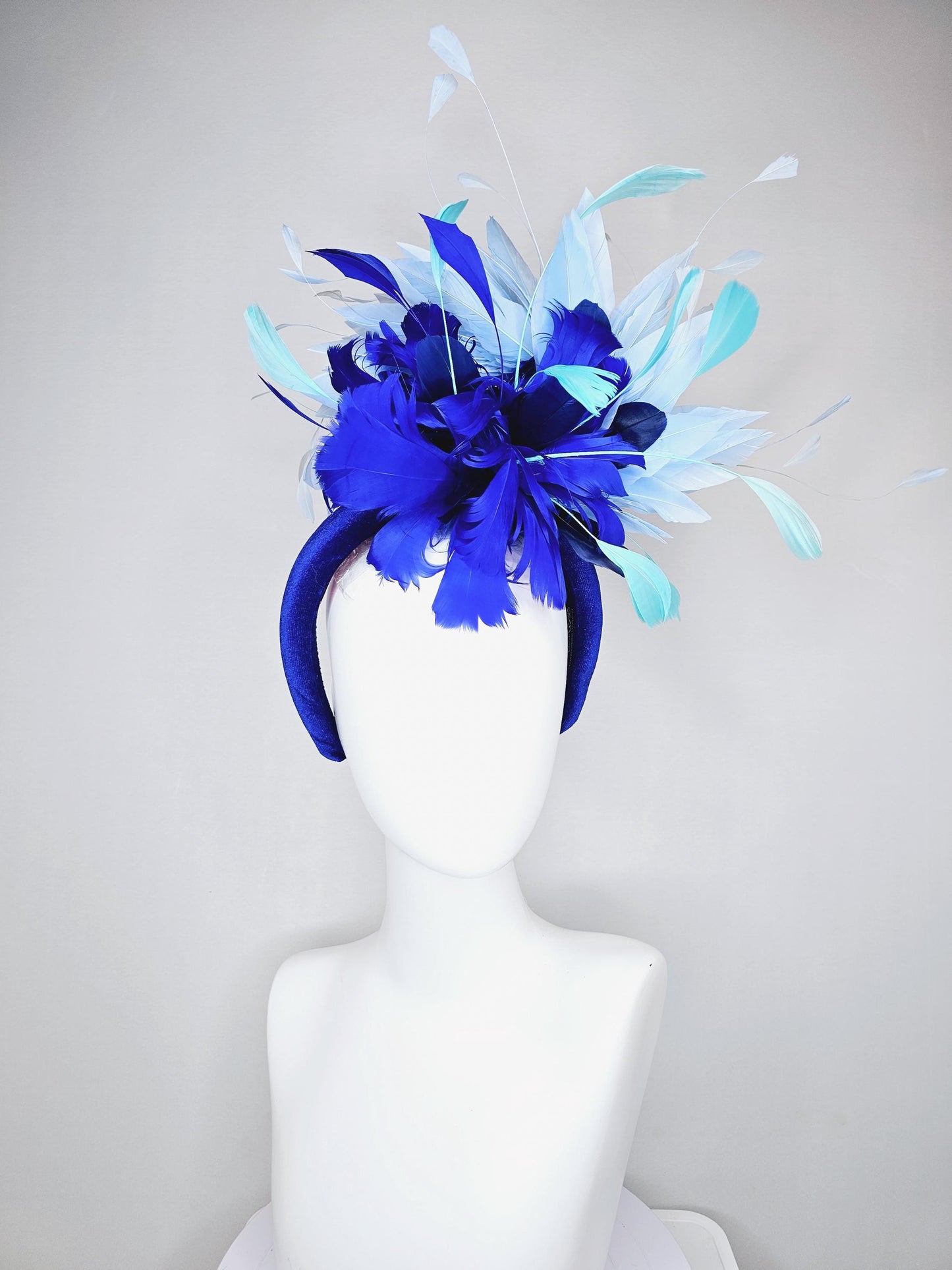 kentucky derby hat fascinator royal blue velvet headband, fluffy royal blue, navy blue, turquoise blue, light blue branching feathers