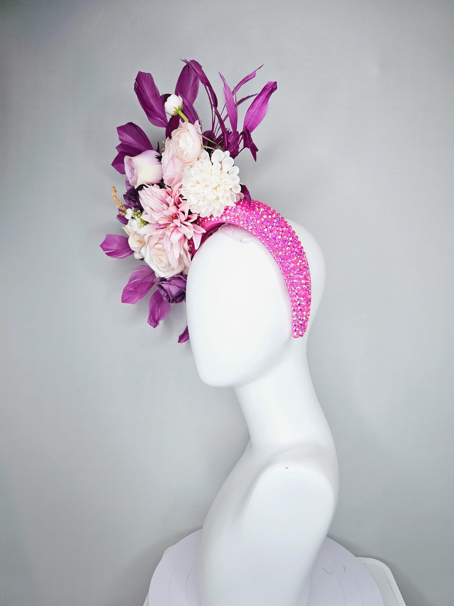 kentucky derby hat fascinator iridescent pink crystal headband,ivory white light pink lavender purple satin flowers, magenta purple feathers