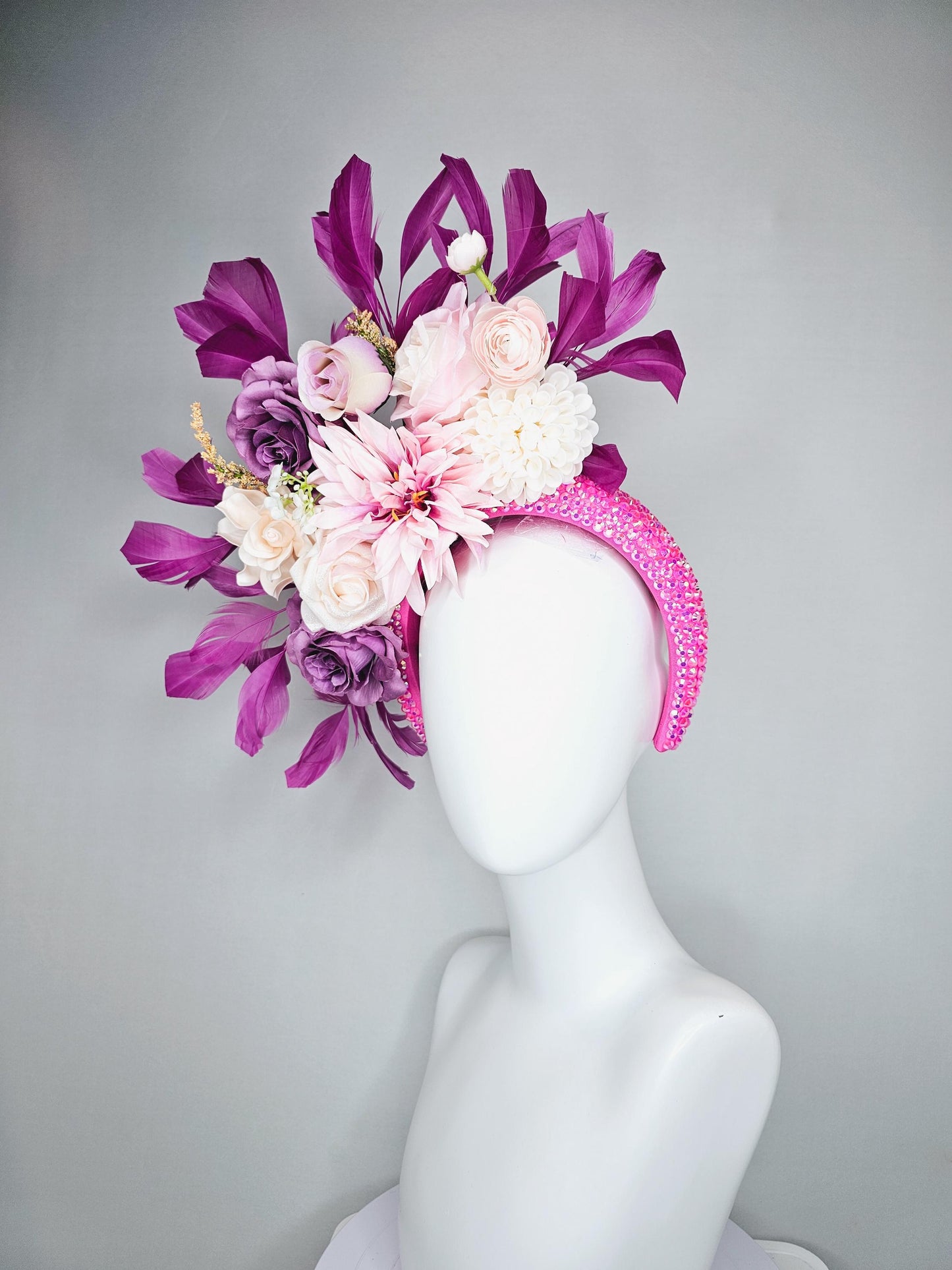 kentucky derby hat fascinator iridescent pink crystal headband,ivory white light pink lavender purple satin flowers, magenta purple feathers