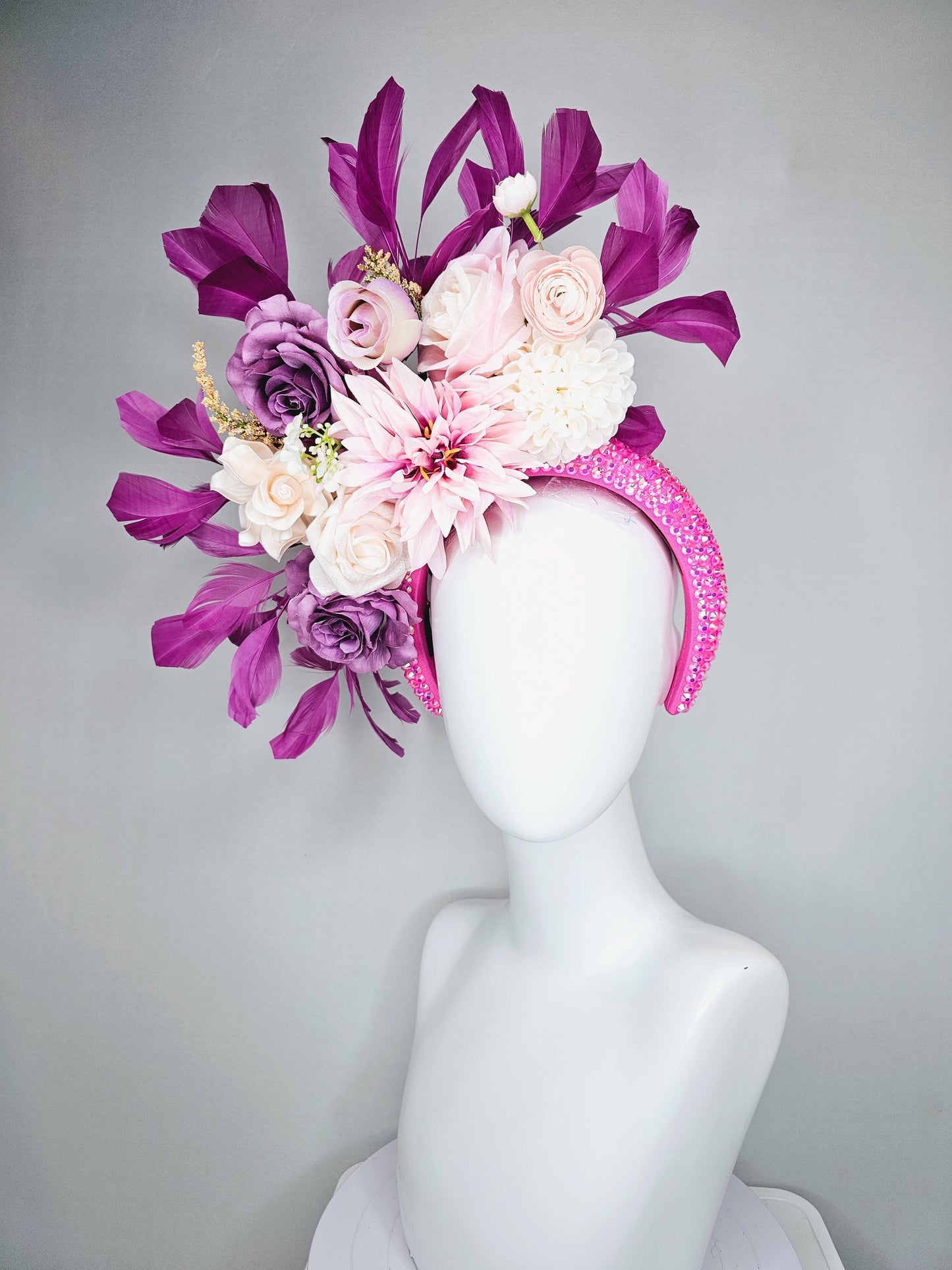 kentucky derby hat fascinator iridescent pink crystal headband,ivory white light pink lavender purple satin flowers, magenta purple feathers