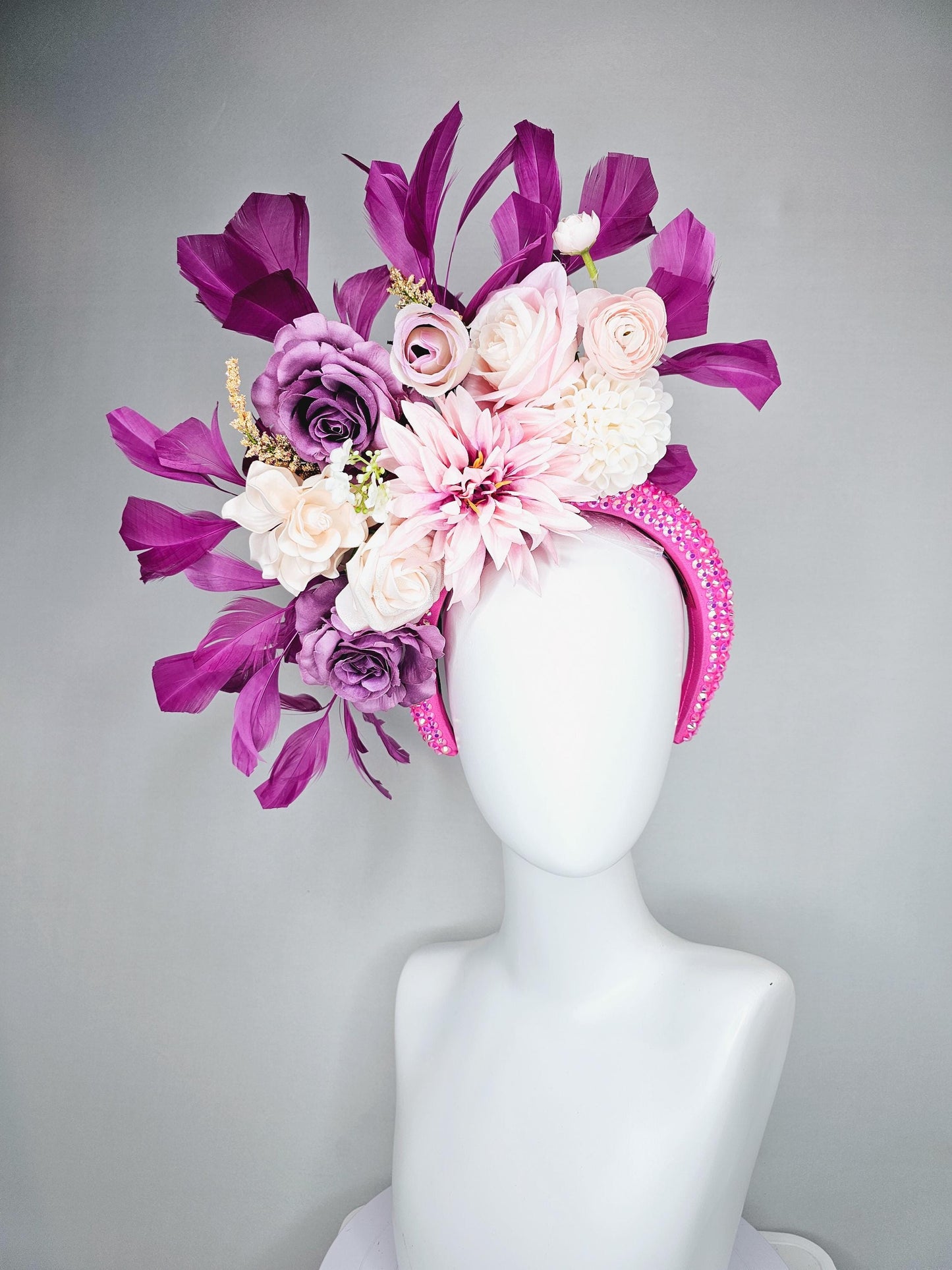 kentucky derby hat fascinator iridescent pink crystal headband,ivory white light pink lavender purple satin flowers, magenta purple feathers