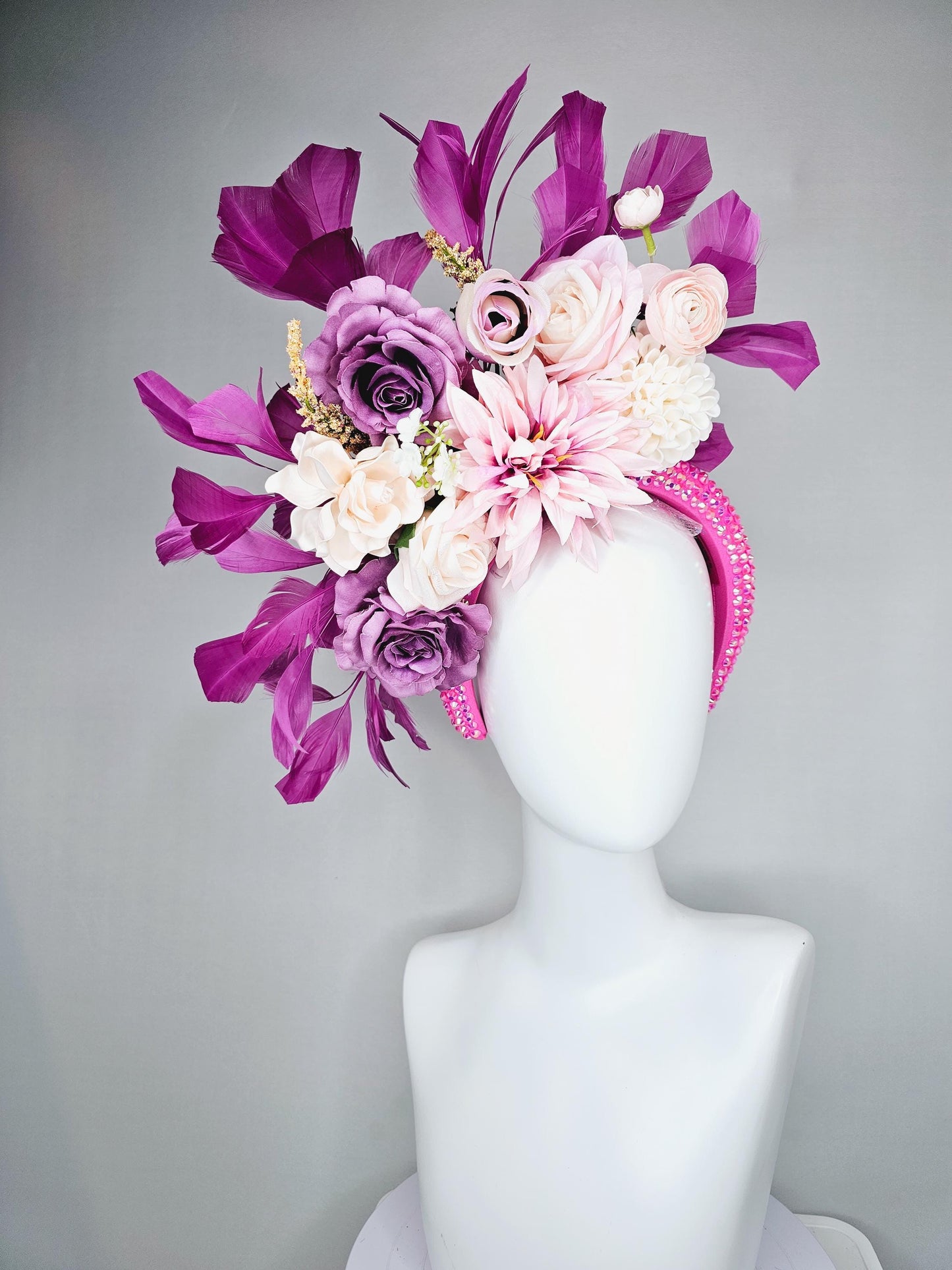 kentucky derby hat fascinator iridescent pink crystal headband,ivory white light pink lavender purple satin flowers, magenta purple feathers