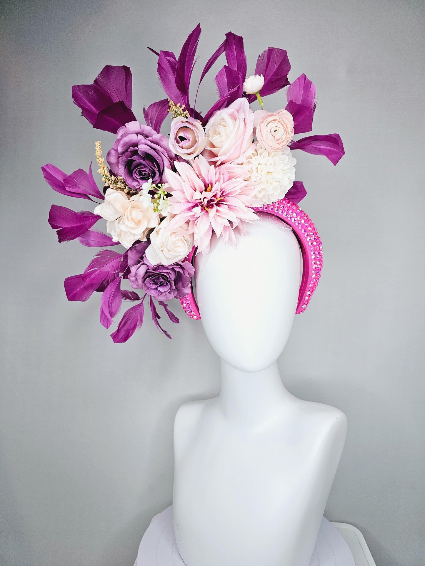 kentucky derby hat fascinator iridescent pink crystal headband,ivory white light pink lavender purple satin flowers, magenta purple feathers