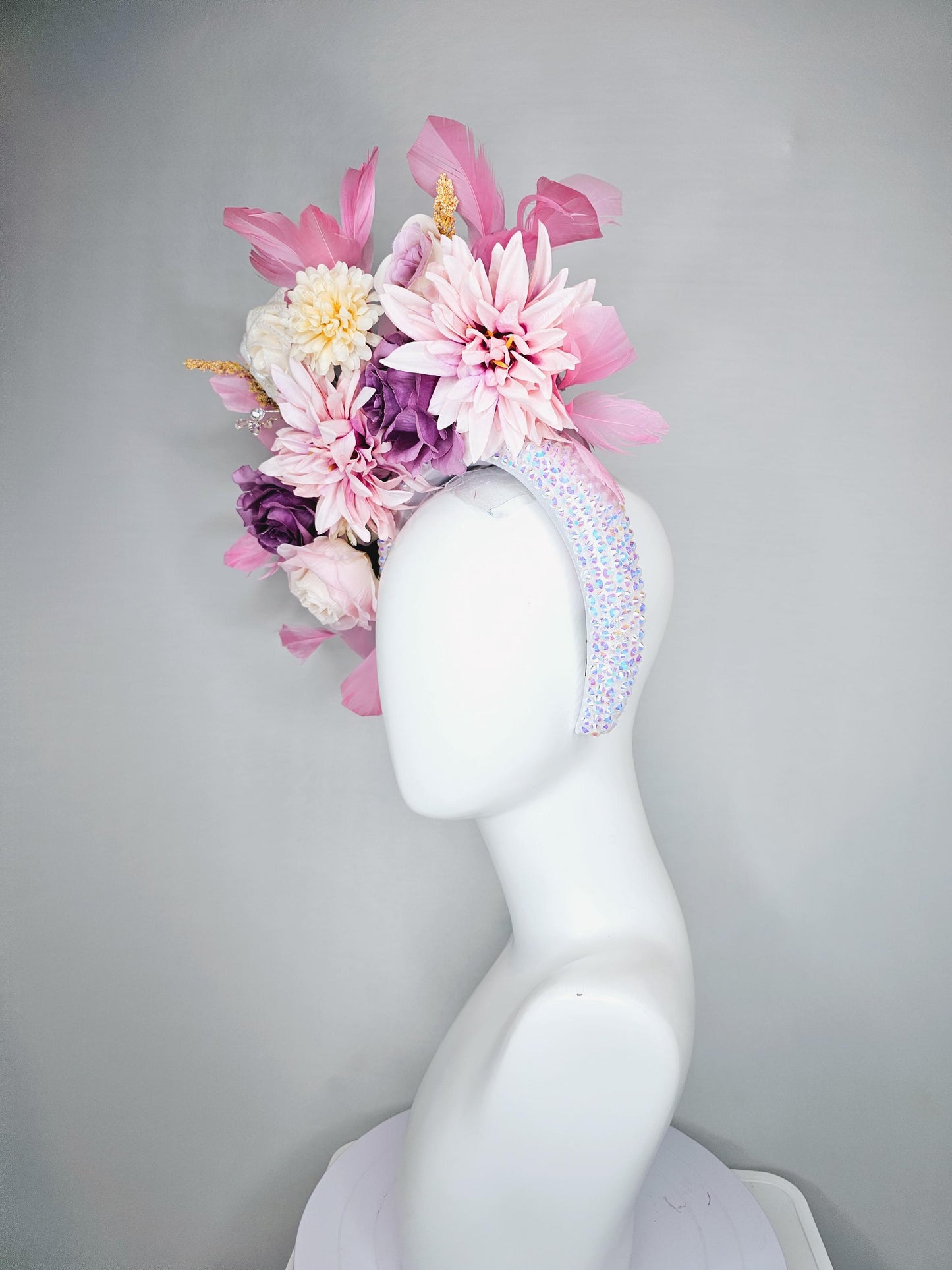 kentucky derby hat fascinator iridescent white crystal headband, white cream light pink lavender purple satin flowers, blush pink feathers