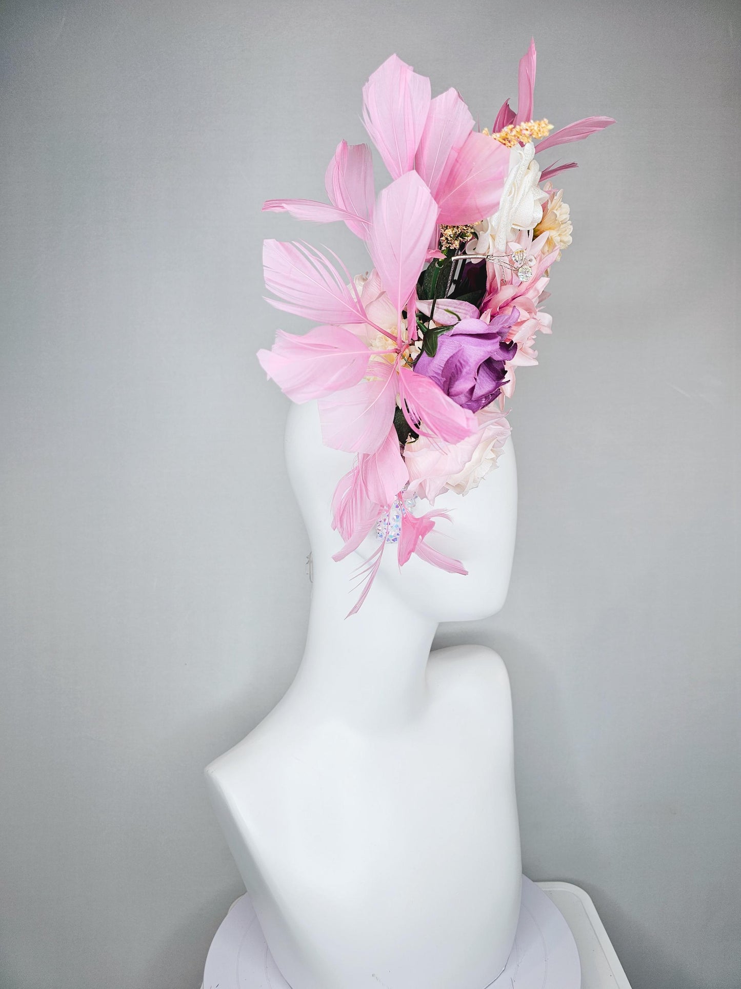 kentucky derby hat fascinator iridescent white crystal headband, white cream light pink lavender purple satin flowers, blush pink feathers