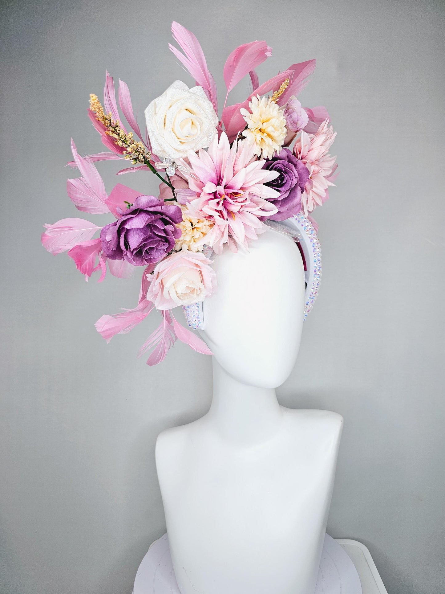 kentucky derby hat fascinator iridescent white crystal headband, white cream light pink lavender purple satin flowers, blush pink feathers