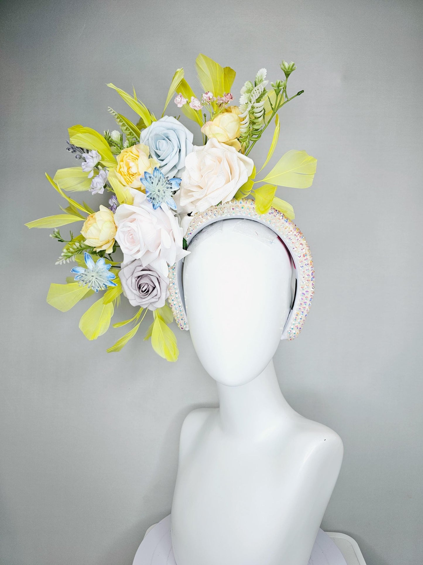 kentucky derby hat fascinator iridescent white crystal headband,ivory white light yellow light gray light blue satin flowers,yellow feathers