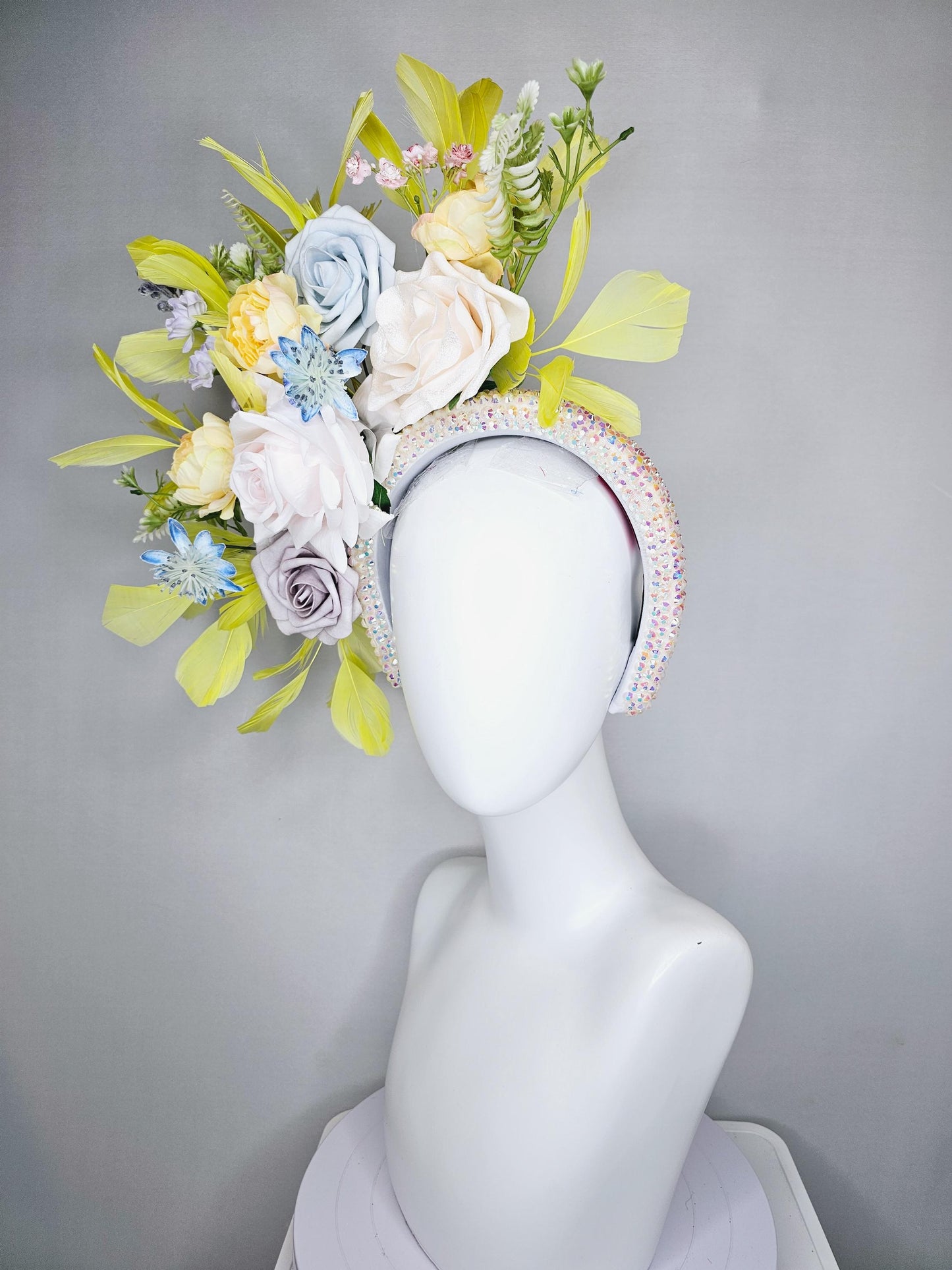 kentucky derby hat fascinator iridescent white crystal headband,ivory white light yellow light gray light blue satin flowers,yellow feathers