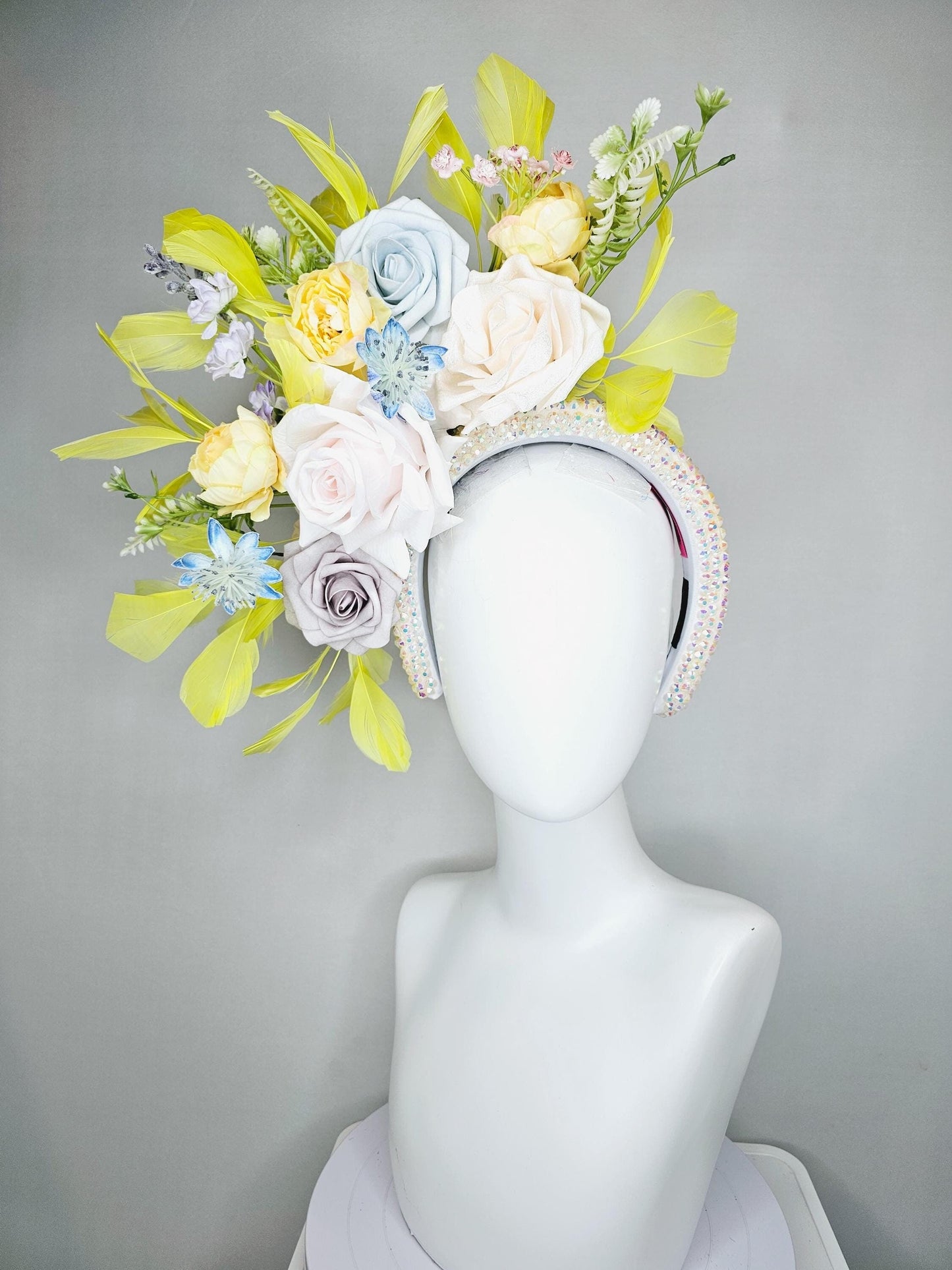 kentucky derby hat fascinator iridescent white crystal headband,ivory white light yellow light gray light blue satin flowers,yellow feathers