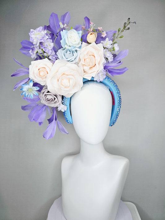 kentucky derby hat fascinator iridescent blue crystal headband, neutral cream light blue light gray lavender purple flowers, purple feathers