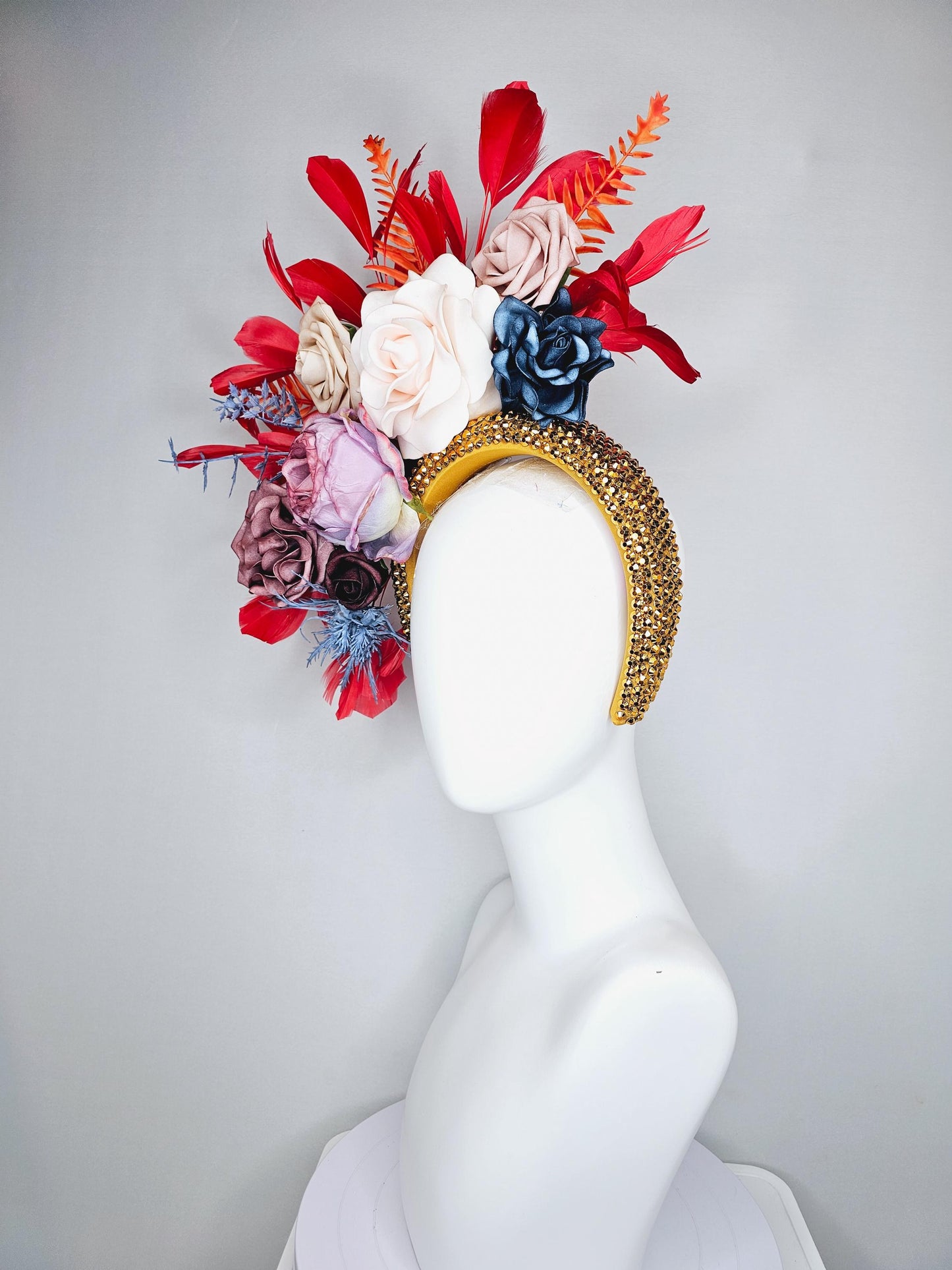 kentucky derby hat fascinator gold crystal headband,neutral cream beige ombre navy blue dusty pink purple flowers,orange leaves,red feathers