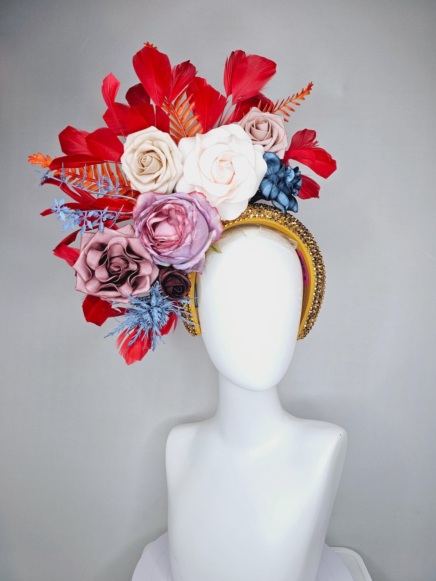 kentucky derby hat fascinator gold crystal headband,neutral cream beige ombre navy blue dusty pink purple flowers,orange leaves,red feathers