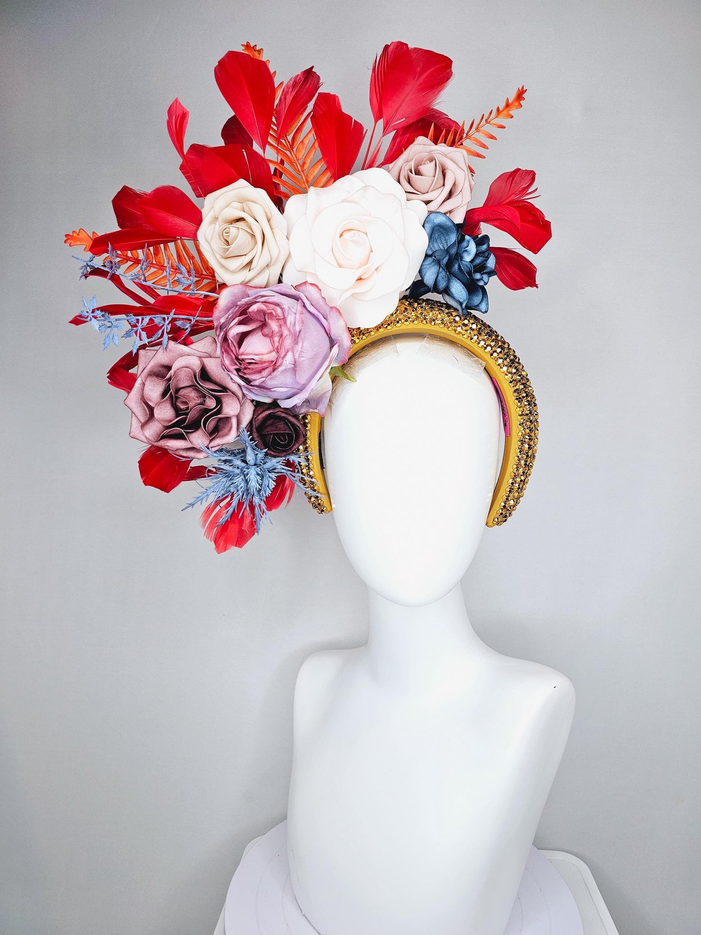 kentucky derby hat fascinator gold crystal headband,neutral cream beige ombre navy blue dusty pink purple flowers,orange leaves,red feathers