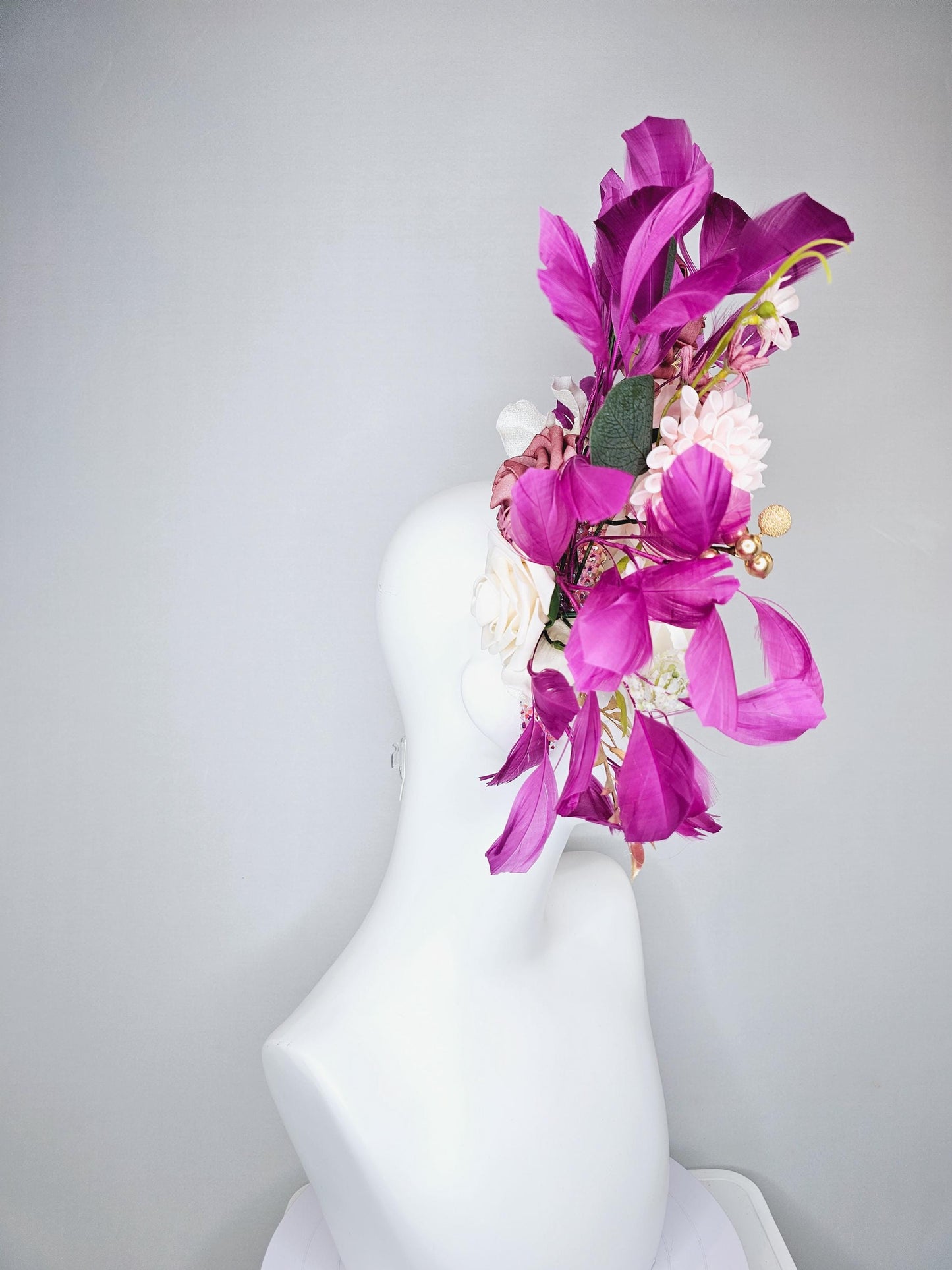 kentucky derby hat fascinator iridescent light pink crystal headband,white light pink dusty pink flowers,gold leaves,magenta purple feathers