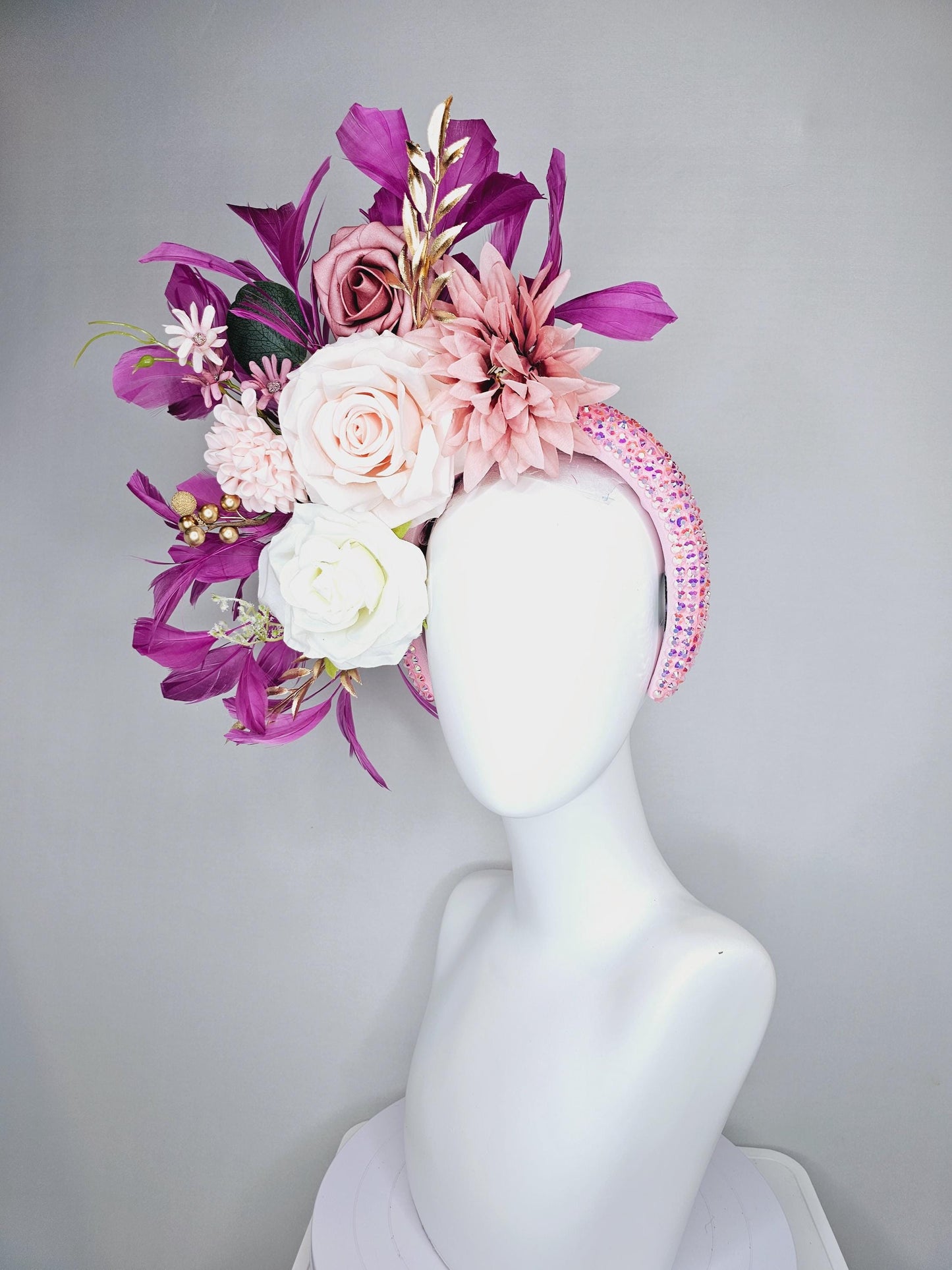 kentucky derby hat fascinator iridescent light pink crystal headband,white light pink dusty pink flowers,gold leaves,magenta purple feathers