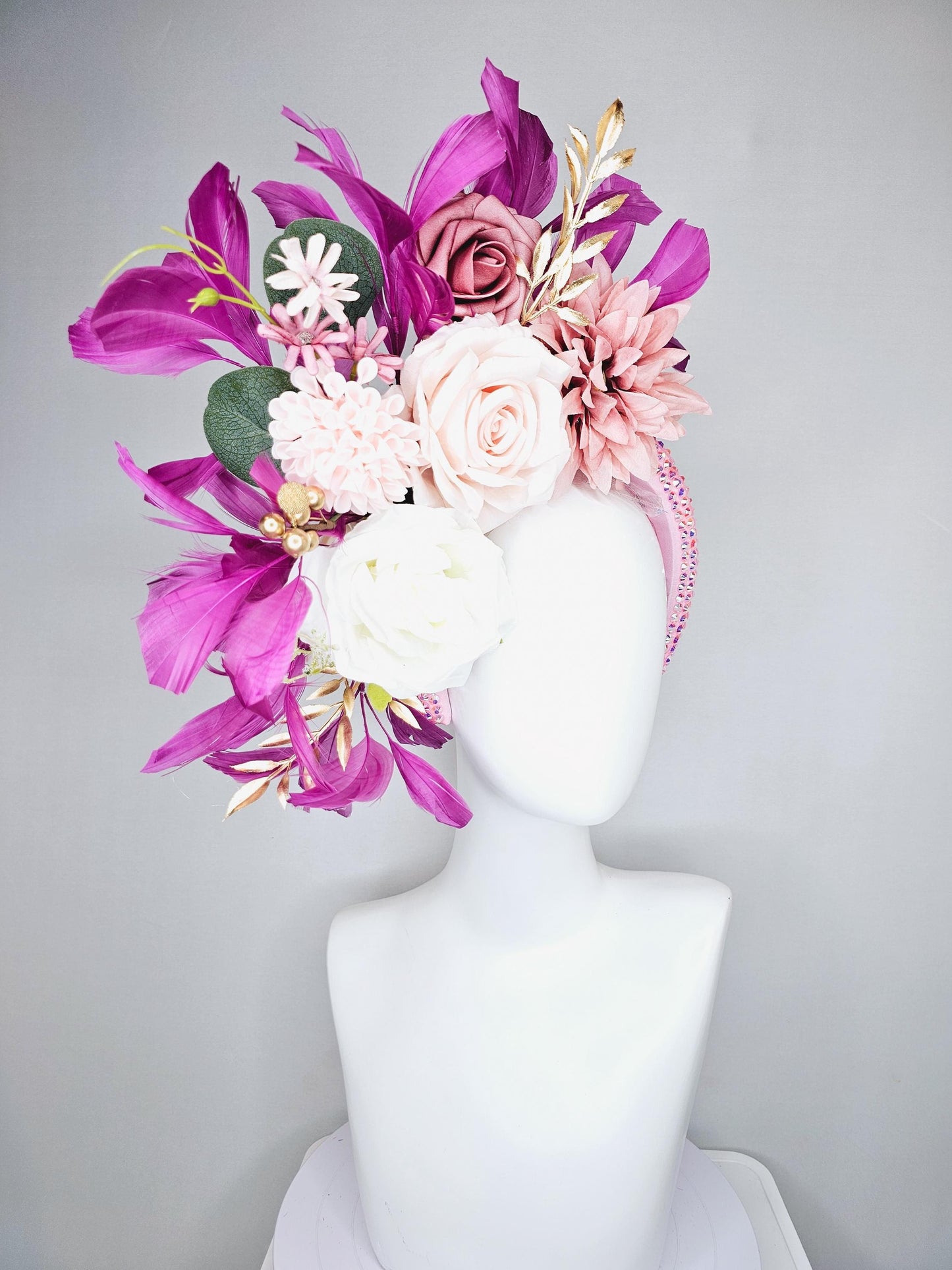 kentucky derby hat fascinator iridescent light pink crystal headband,white light pink dusty pink flowers,gold leaves,magenta purple feathers