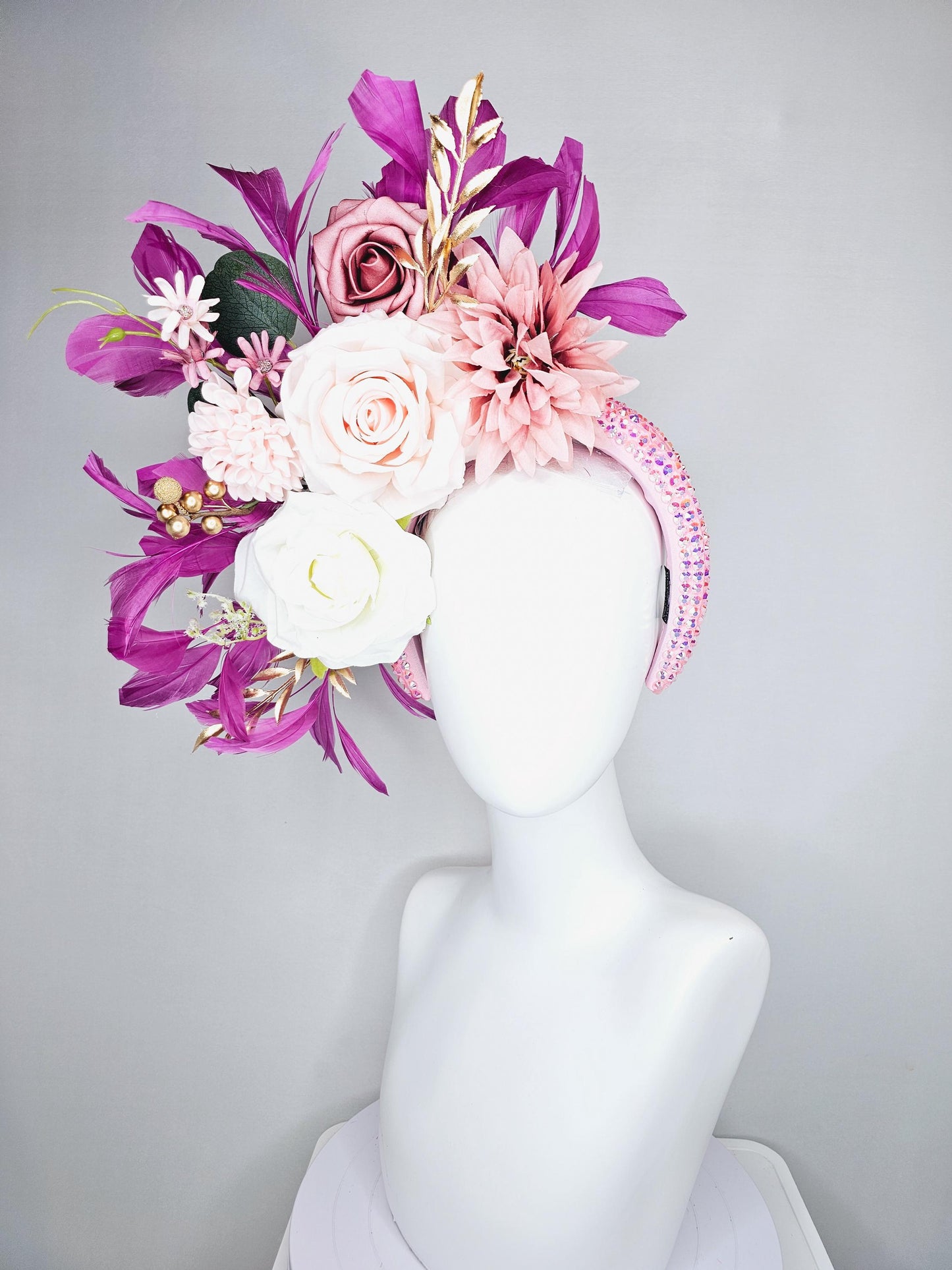 kentucky derby hat fascinator iridescent light pink crystal headband,white light pink dusty pink flowers,gold leaves,magenta purple feathers