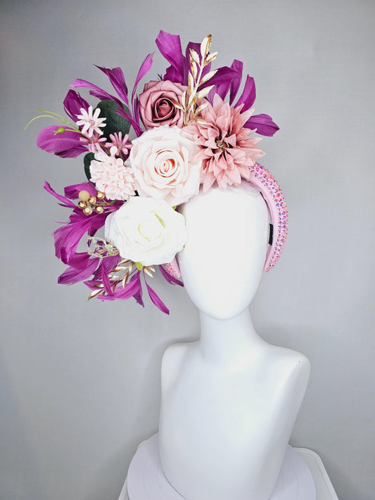 kentucky derby hat fascinator iridescent light pink crystal headband,white light pink dusty pink flowers,gold leaves,magenta purple feathers