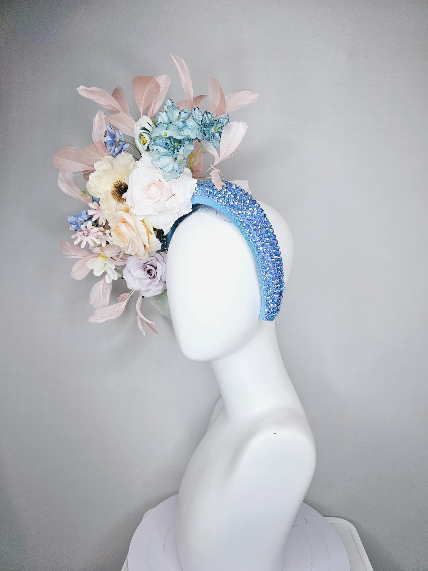 kentucky derby hat fascinator iridescent sky blue crystal headband,white neutral cream teal blue lavender purple flowers,light pink feathers