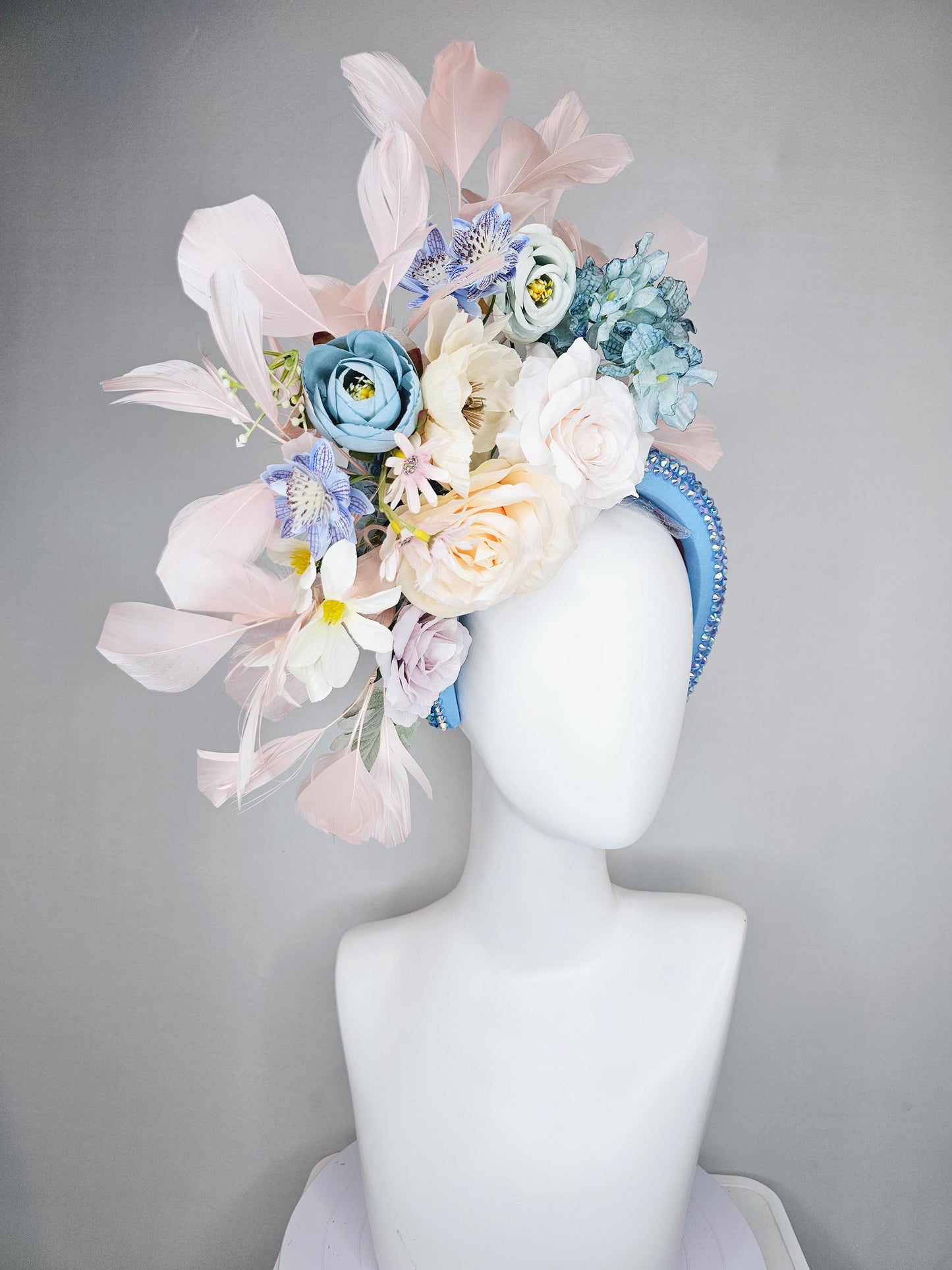 kentucky derby hat fascinator iridescent sky blue crystal headband,white neutral cream teal blue lavender purple flowers,light pink feathers