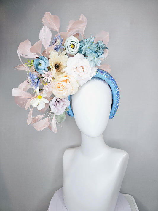 kentucky derby hat fascinator iridescent sky blue crystal headband,white neutral cream teal blue lavender purple flowers,light pink feathers