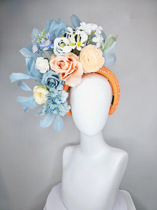 kentucky derby hat fascinator iridescent orange crystal headband,white neutral cream light peach orange teal blue flowers,teal blue feathers