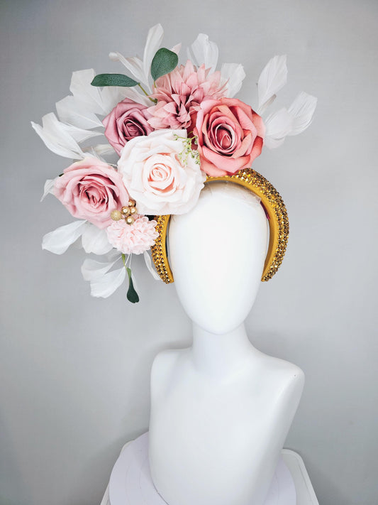 kentucky derby hat fascinator gold crystal headband, light pink dusty pink satin flowers, green leaves, ivory white feathers