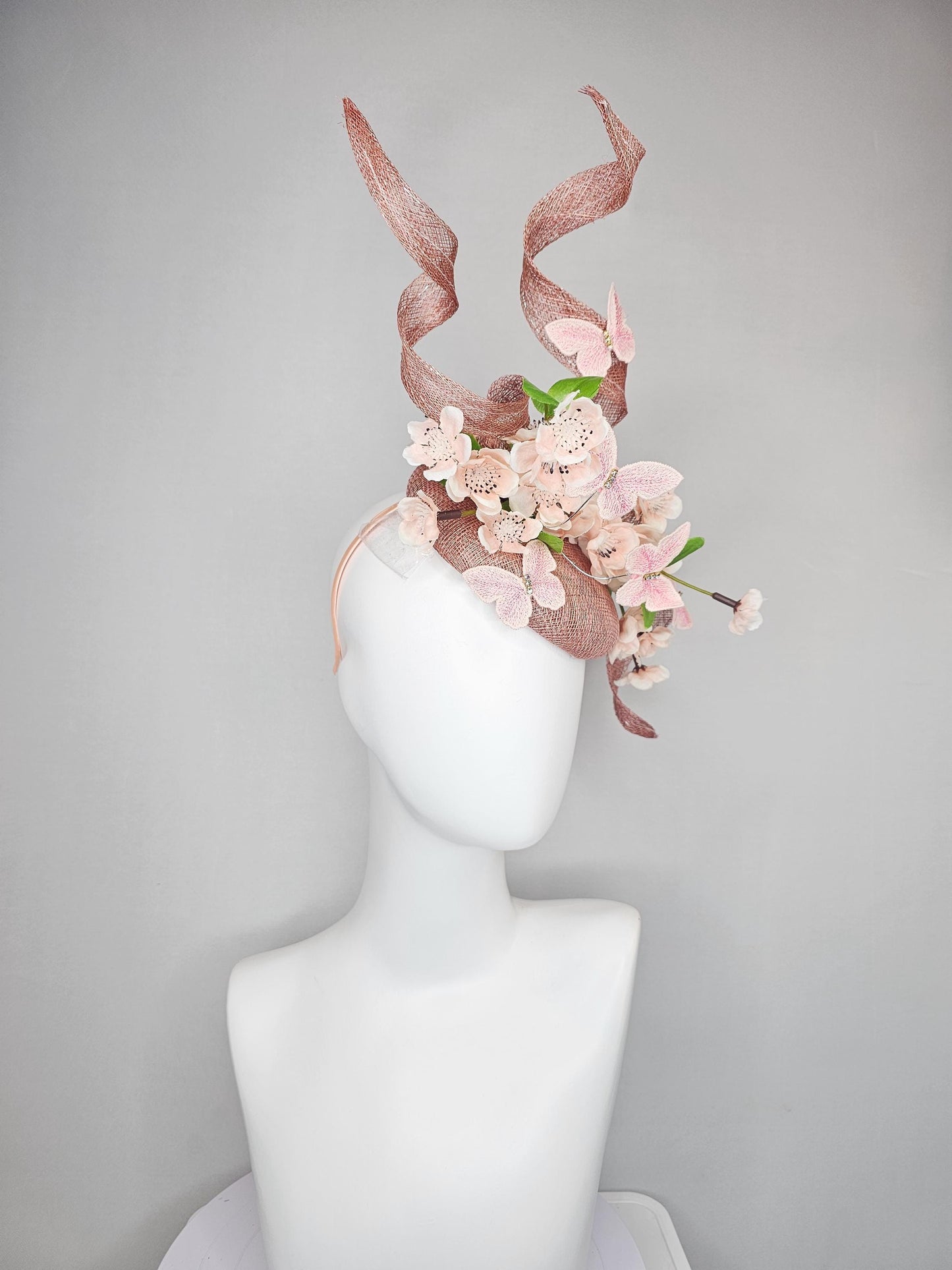 kentucky derby hat fascinator dusty pink sinamay with sinamay curls, light champagne pink satin flowers, green leaves,light pink butterflies